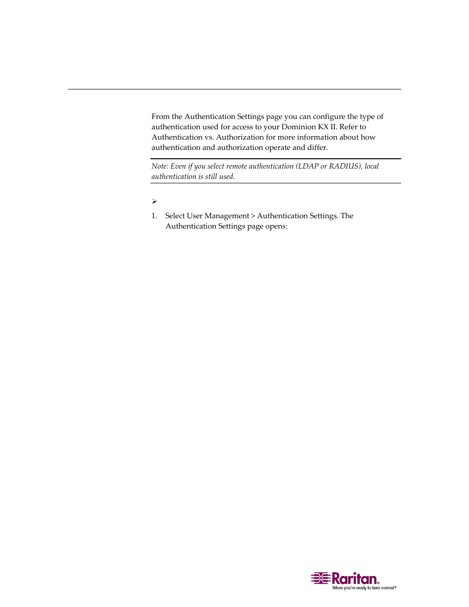 Authentication settings | Raritan Computer DOMINION KX II DKX2-0E-E User Manual | Page 126 / 257