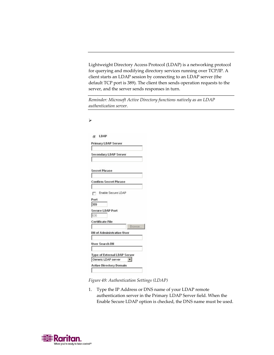 Implementing ldap remote authentication | Raritan Computer DOMINION KX II DKX2-0E-E User Manual | Page 129 / 257