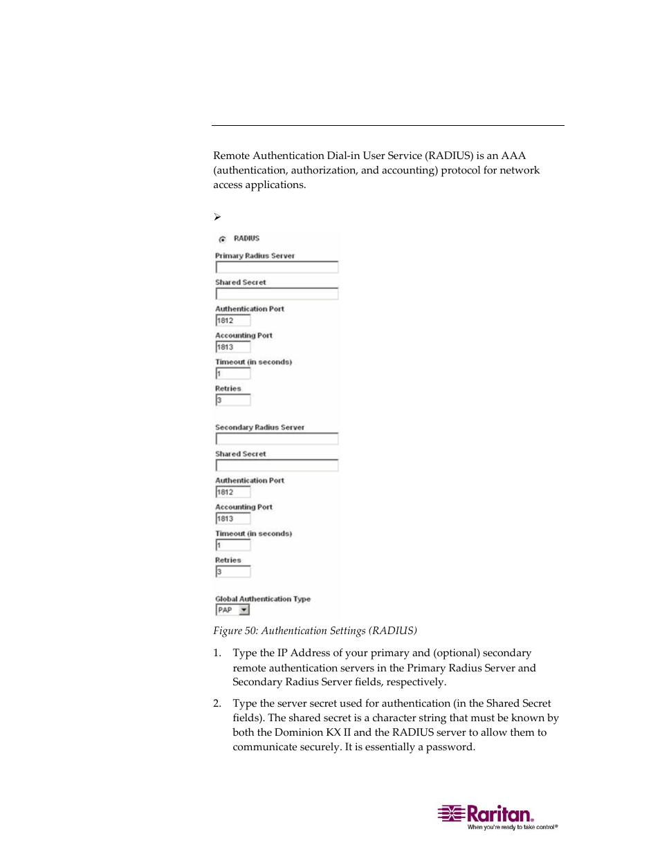 Implementing radius remote authentication | Raritan Computer DOMINION KX II DKX2-0E-E User Manual | Page 132 / 257