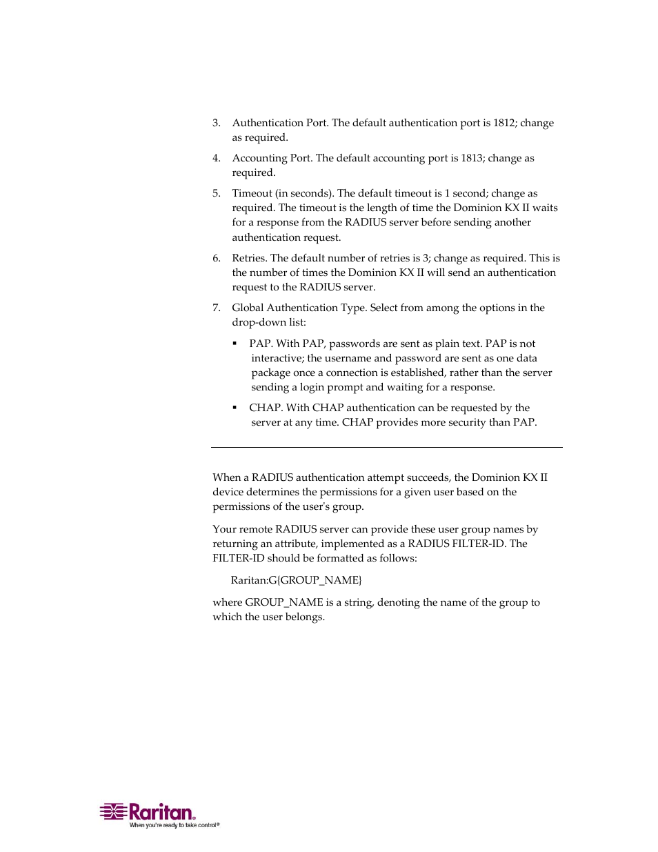 Returning user group information via radius | Raritan Computer DOMINION KX II DKX2-0E-E User Manual | Page 133 / 257