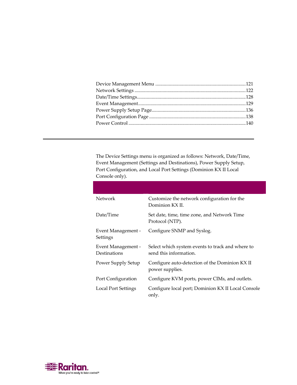 Device management, Device management menu, Chapter 9 device management | Raritan Computer DOMINION KX II DKX2-0E-E User Manual | Page 135 / 257