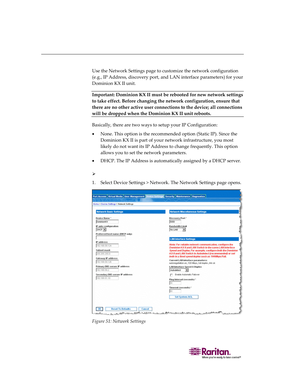 Network settings, 122) p | Raritan Computer DOMINION KX II DKX2-0E-E User Manual | Page 136 / 257