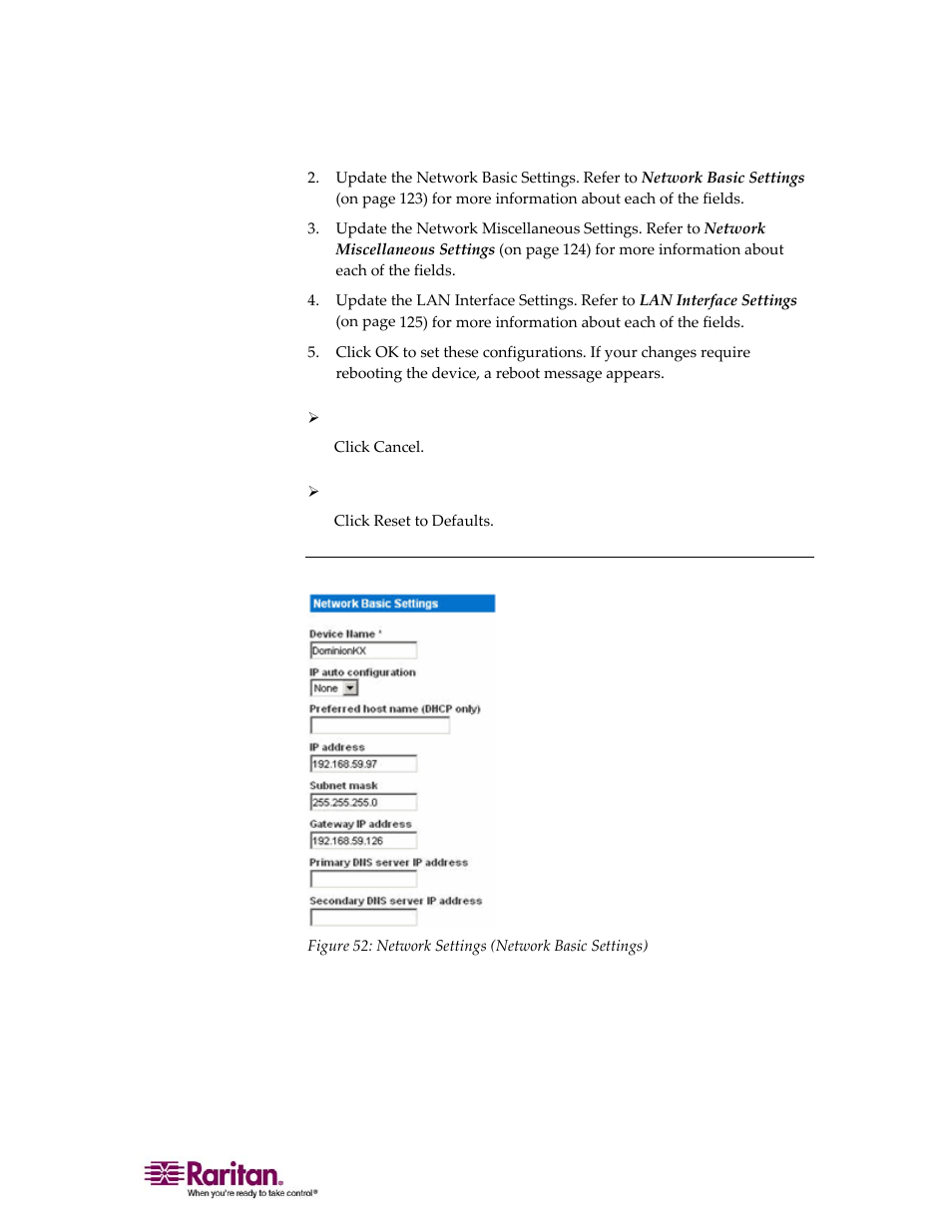 Network basic settings | Raritan Computer DOMINION KX II DKX2-0E-E User Manual | Page 137 / 257