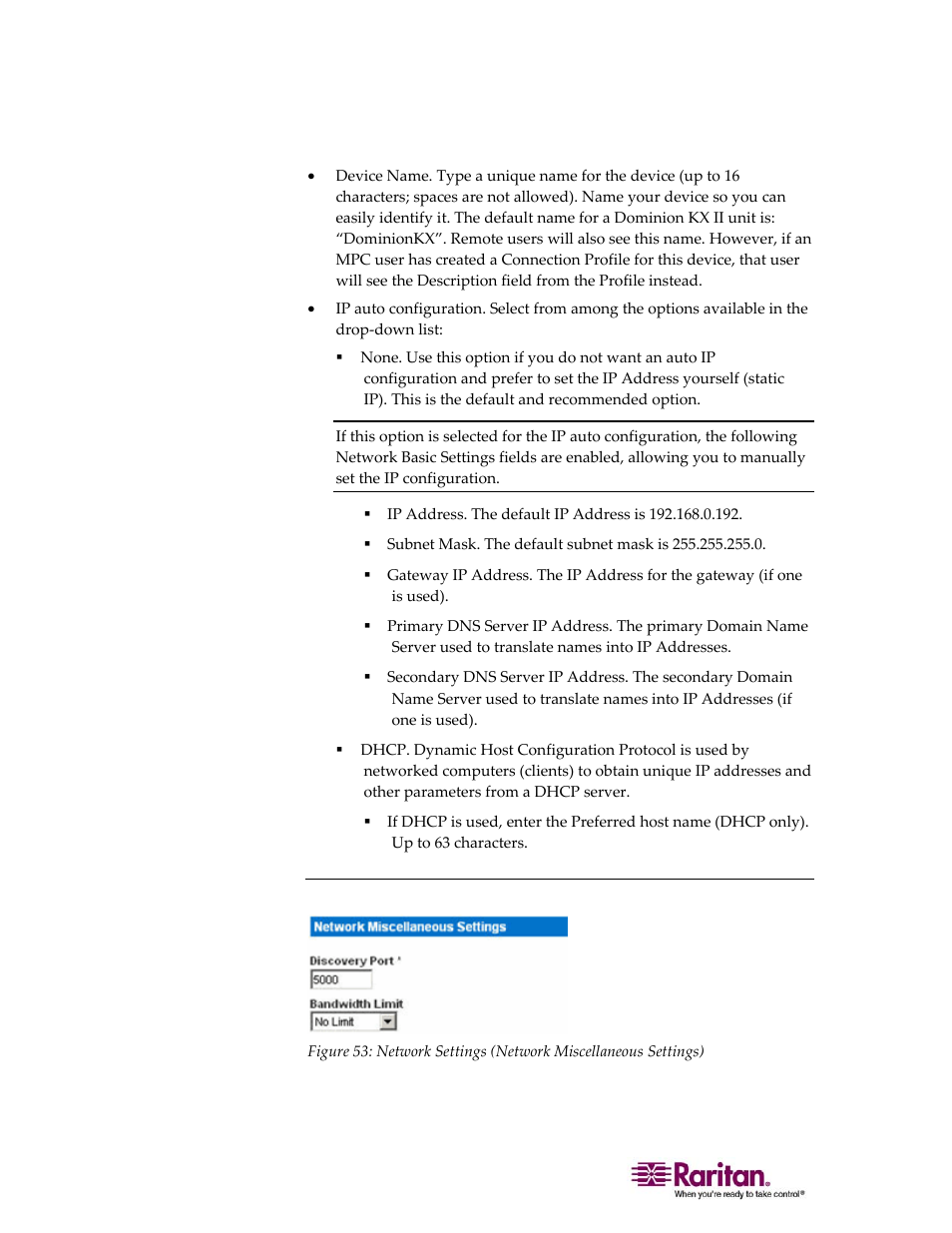 Network miscellaneous settings | Raritan Computer DOMINION KX II DKX2-0E-E User Manual | Page 138 / 257