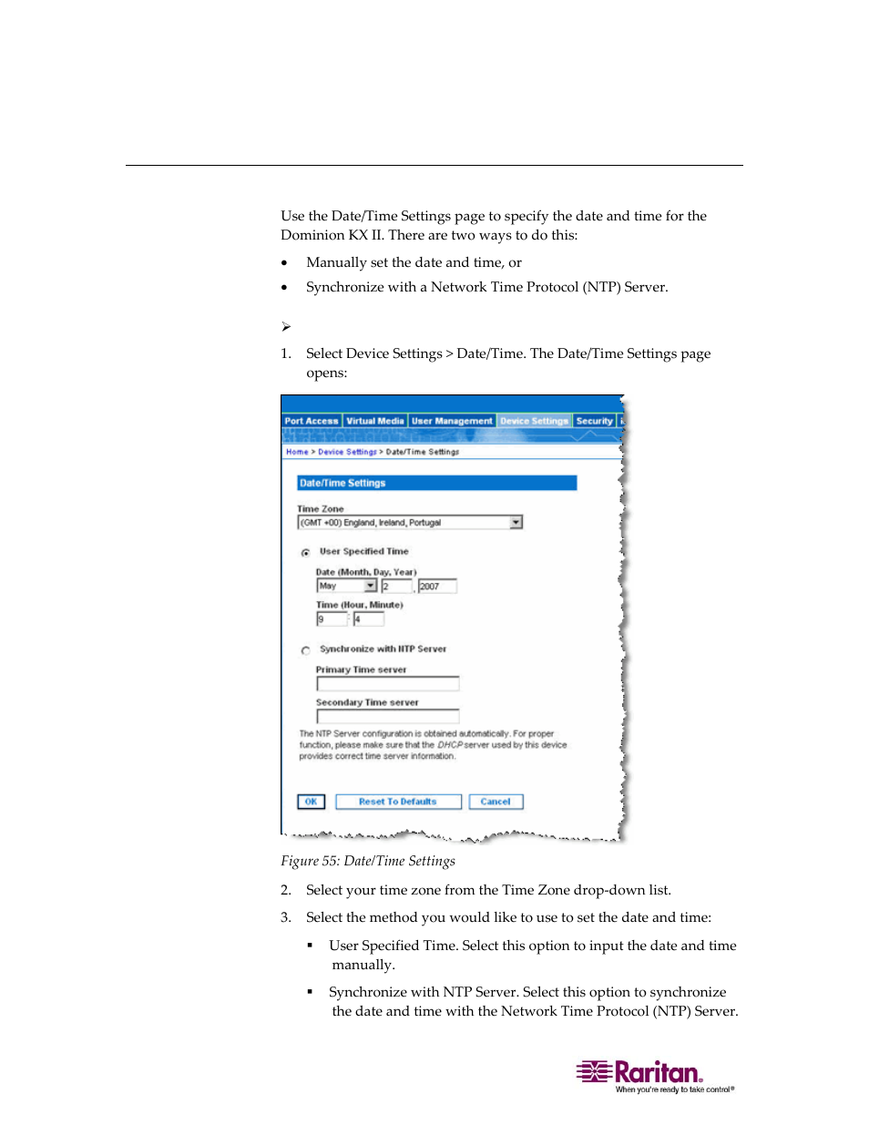 Date/time settings | Raritan Computer DOMINION KX II DKX2-0E-E User Manual | Page 142 / 257