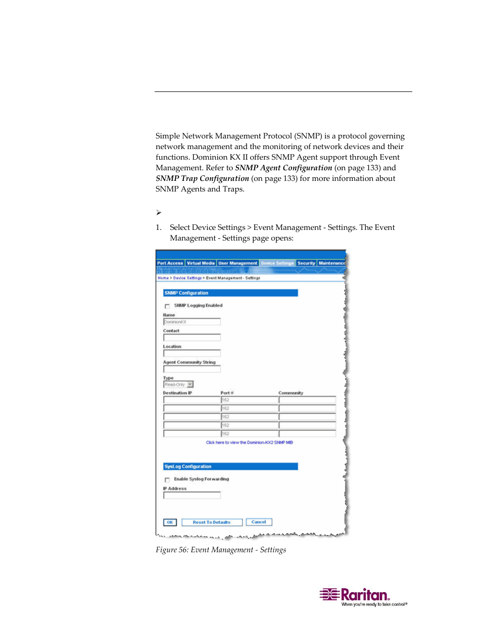 Event management - settings, Snmp configuration | Raritan Computer DOMINION KX II DKX2-0E-E User Manual | Page 144 / 257