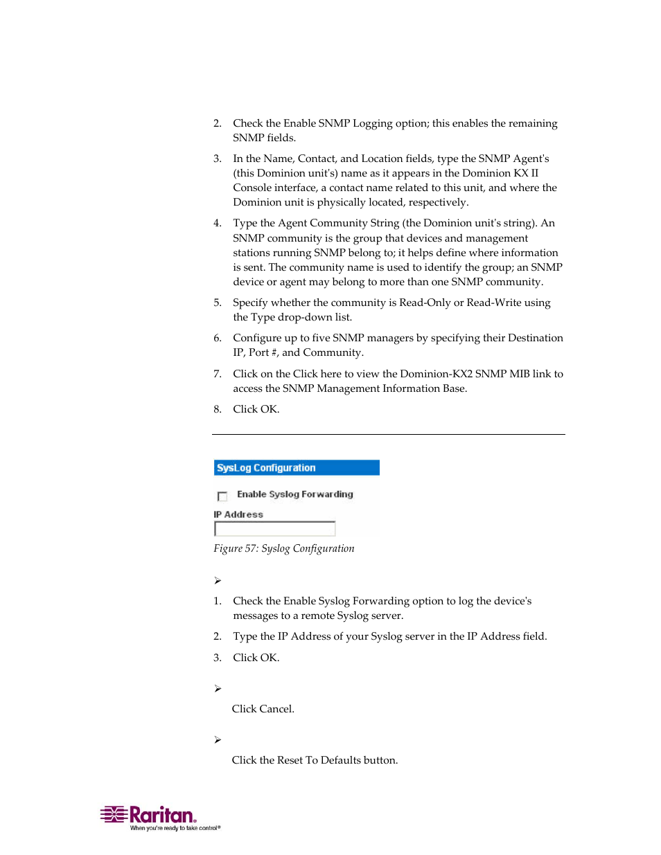 Syslog configuration | Raritan Computer DOMINION KX II DKX2-0E-E User Manual | Page 145 / 257