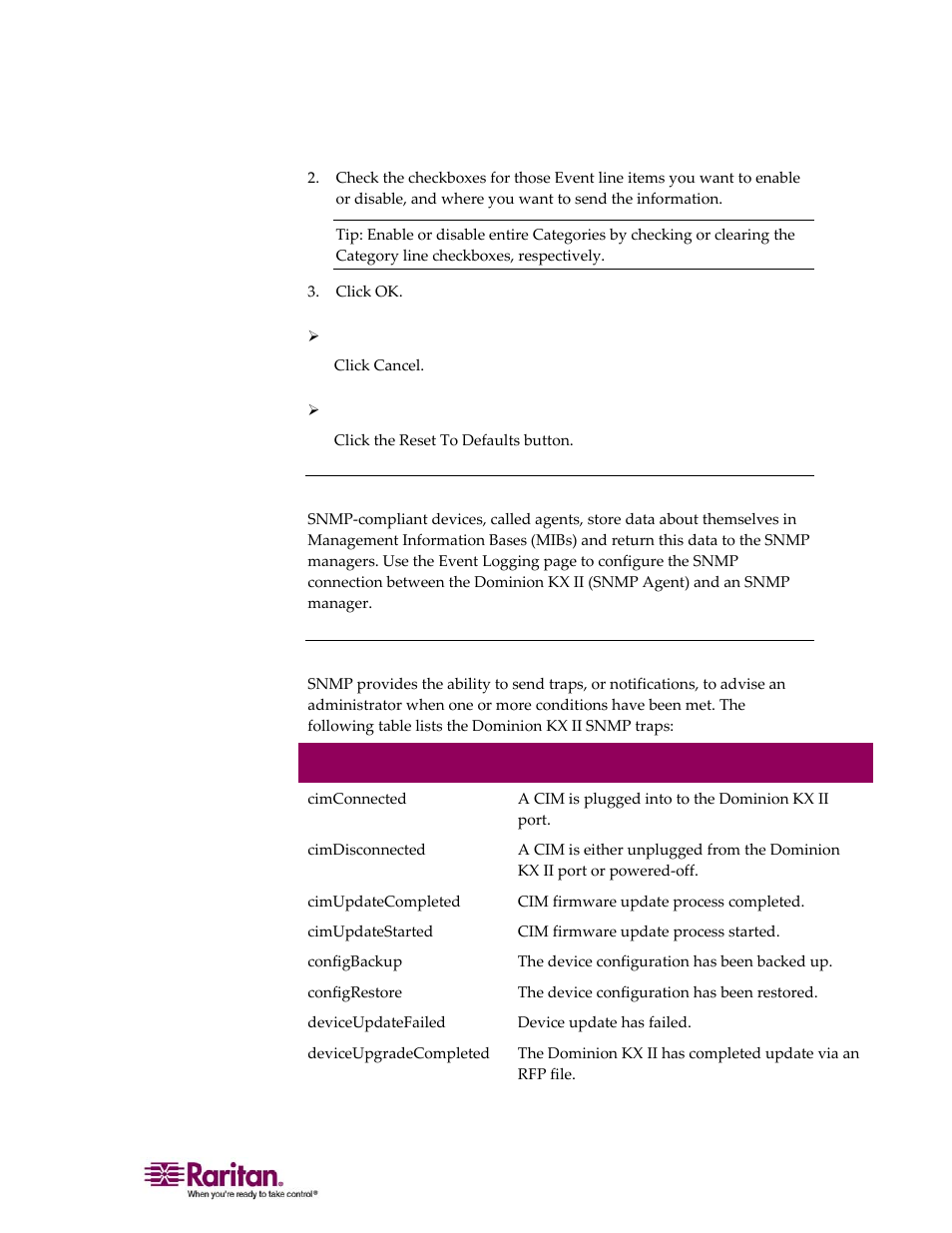 Snmp agent configuration, Snmp trap configuration | Raritan Computer DOMINION KX II DKX2-0E-E User Manual | Page 147 / 257