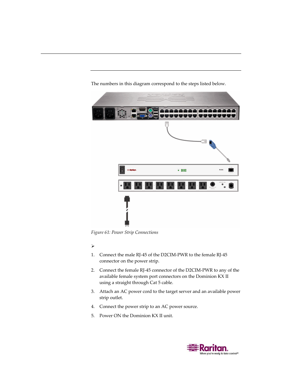 Power control, Connect the power strip | Raritan Computer DOMINION KX II DKX2-0E-E User Manual | Page 154 / 257