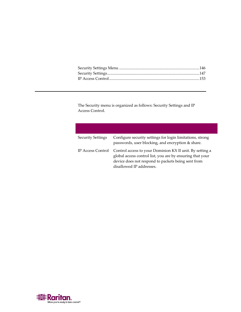 Security settings, Security settings menu, Chapter 10 security settings | Raritan Computer DOMINION KX II DKX2-0E-E User Manual | Page 160 / 257