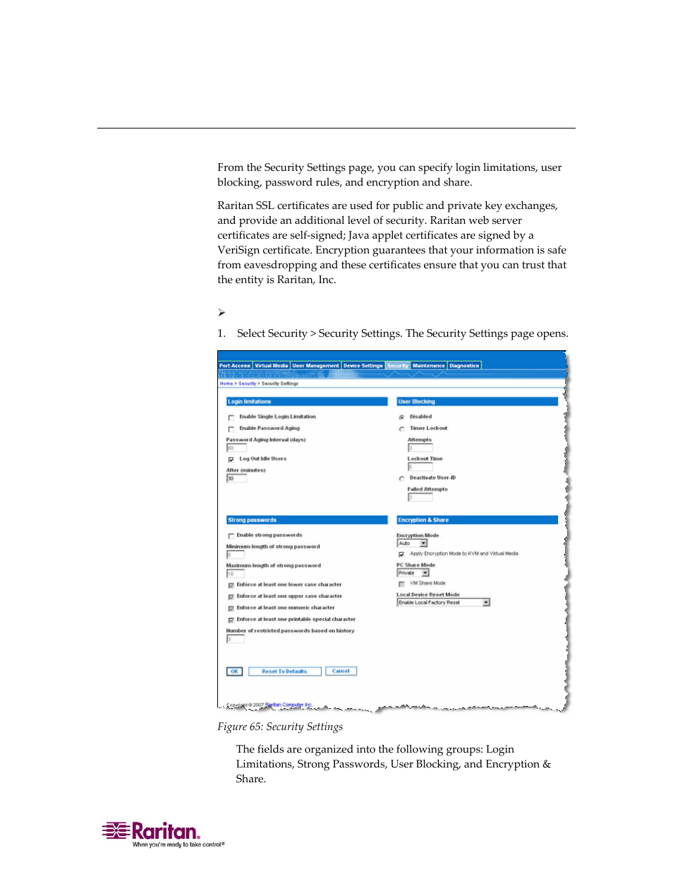 Security settings | Raritan Computer DOMINION KX II DKX2-0E-E User Manual | Page 161 / 257