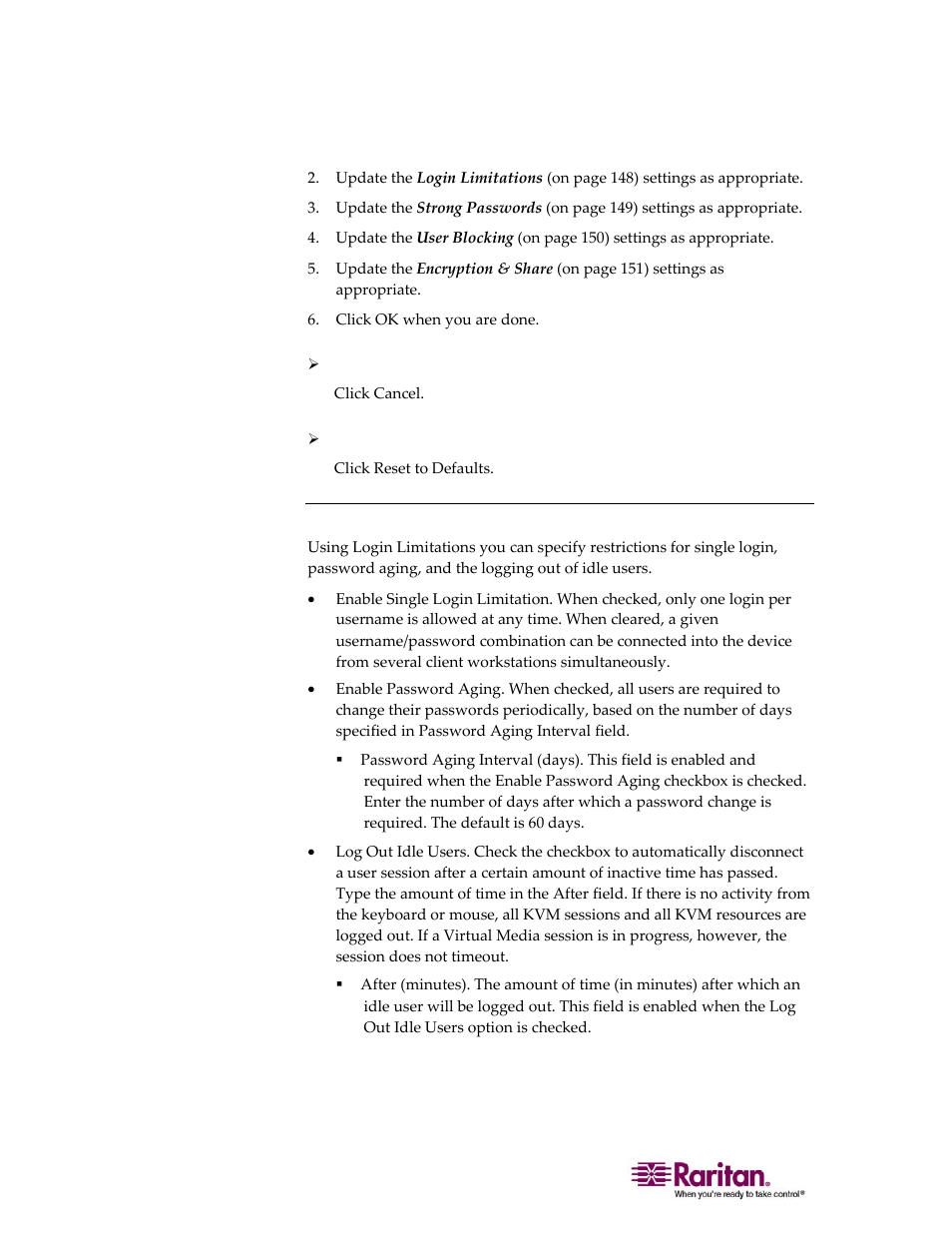 Login limitations | Raritan Computer DOMINION KX II DKX2-0E-E User Manual | Page 162 / 257