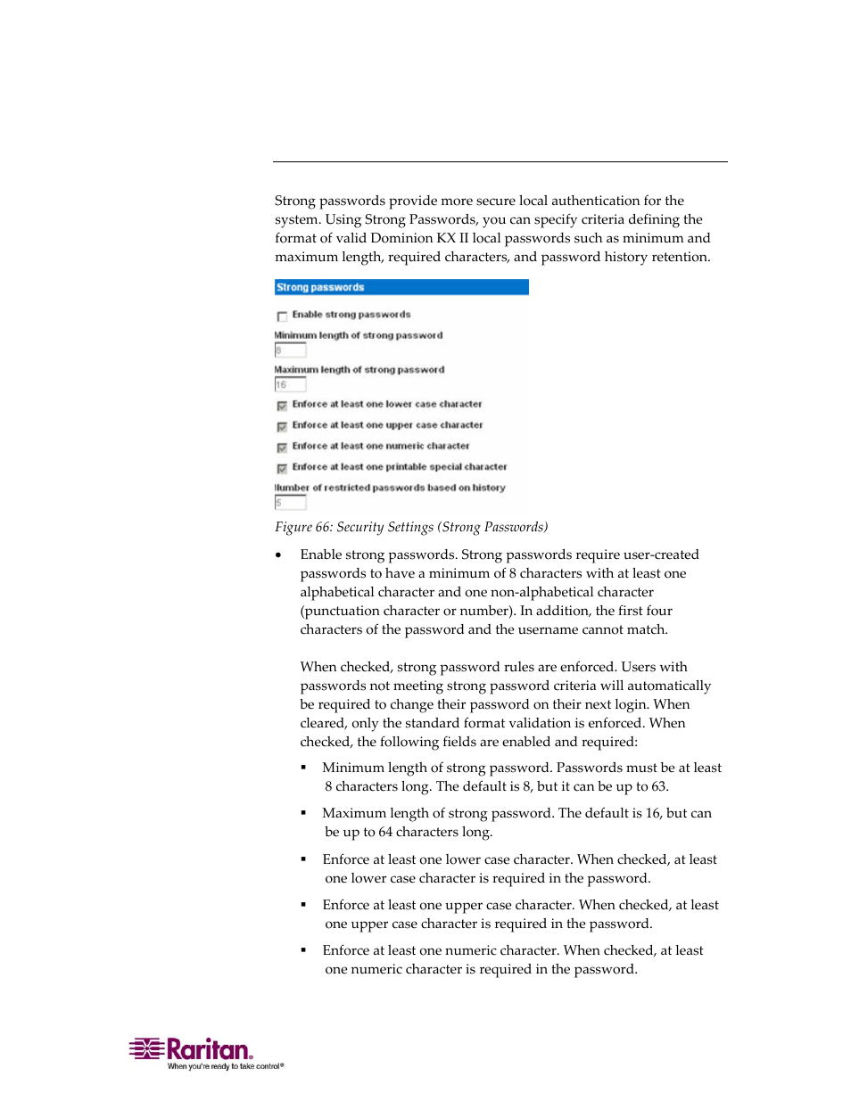 Strong passwords | Raritan Computer DOMINION KX II DKX2-0E-E User Manual | Page 163 / 257