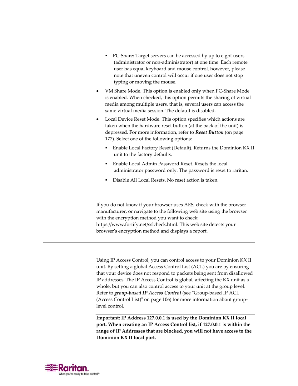 Checking your browser for aes encryption, Ip access control, 153) li | Raritan Computer DOMINION KX II DKX2-0E-E User Manual | Page 167 / 257