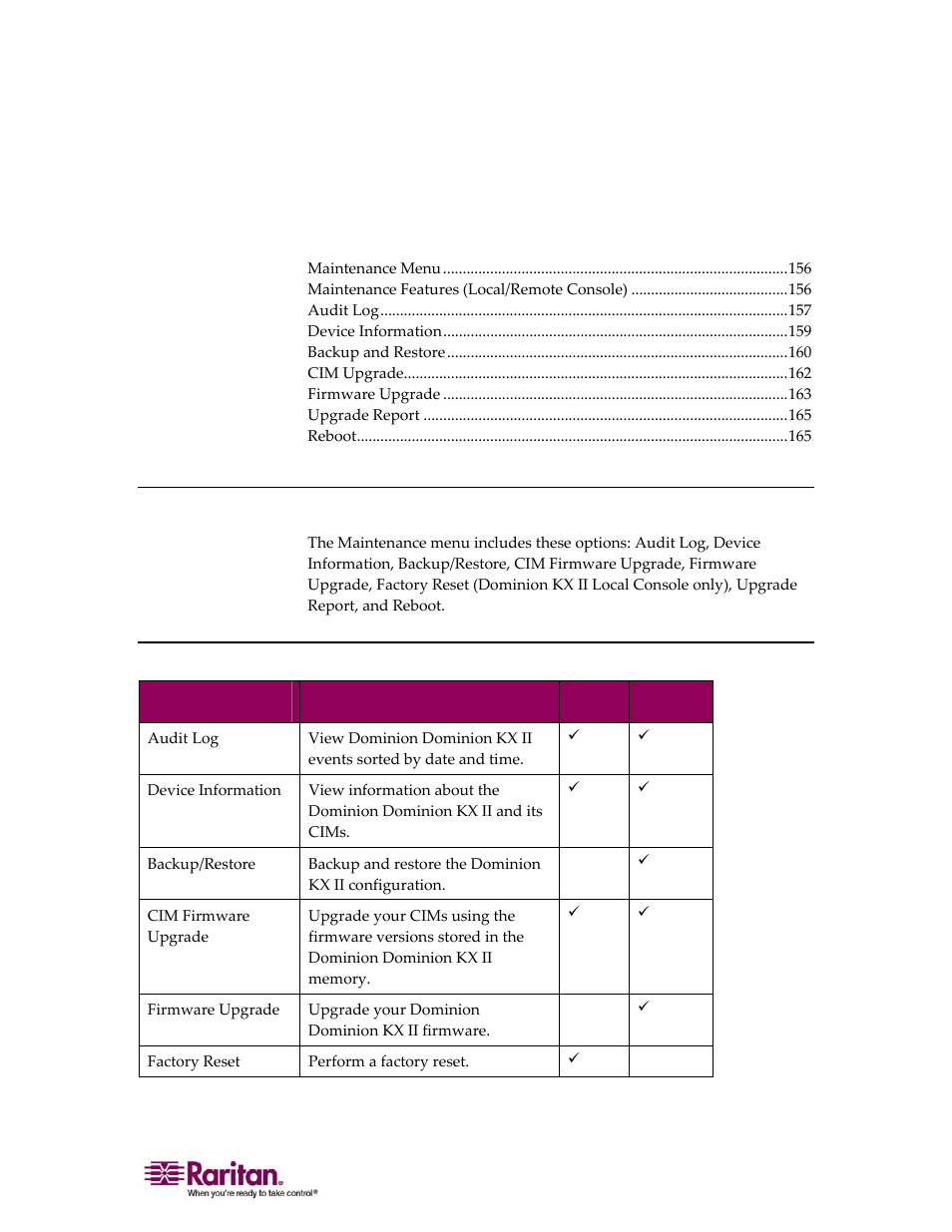 Maintenance, Maintenance menu, Maintenance features (local/remote console) | Chapter 11 maintenance | Raritan Computer DOMINION KX II DKX2-0E-E User Manual | Page 170 / 257