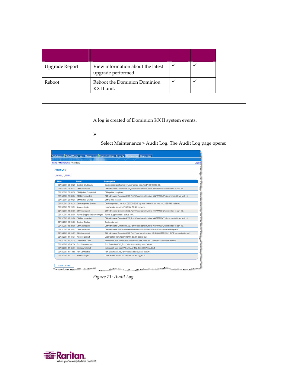 Audit log | Raritan Computer DOMINION KX II DKX2-0E-E User Manual | Page 171 / 257