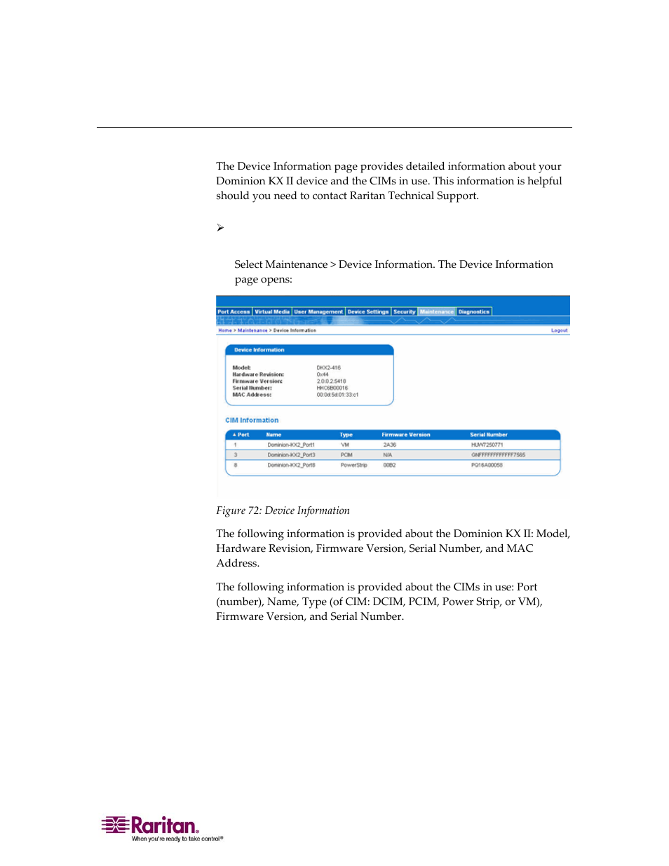 Device information | Raritan Computer DOMINION KX II DKX2-0E-E User Manual | Page 173 / 257