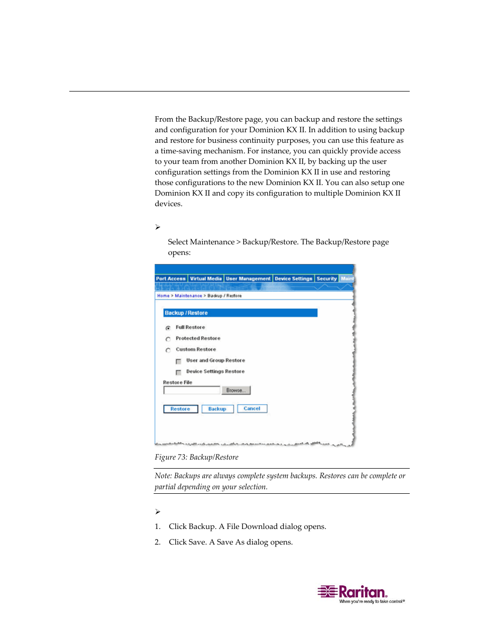 Backup and restore, Backup and restore" on p | Raritan Computer DOMINION KX II DKX2-0E-E User Manual | Page 174 / 257