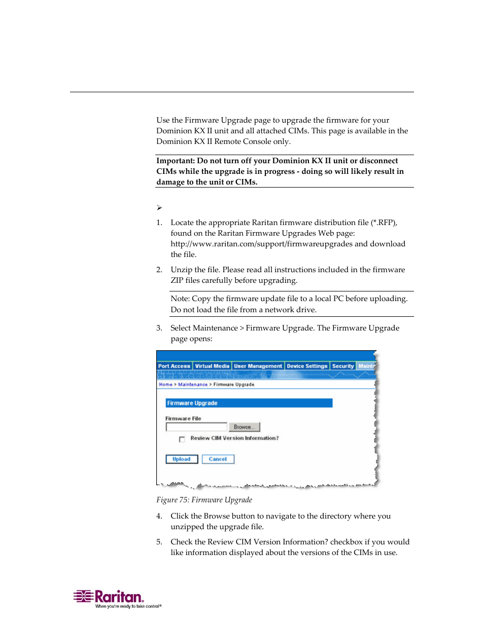 Firmware upgrade | Raritan Computer DOMINION KX II DKX2-0E-E User Manual | Page 177 / 257