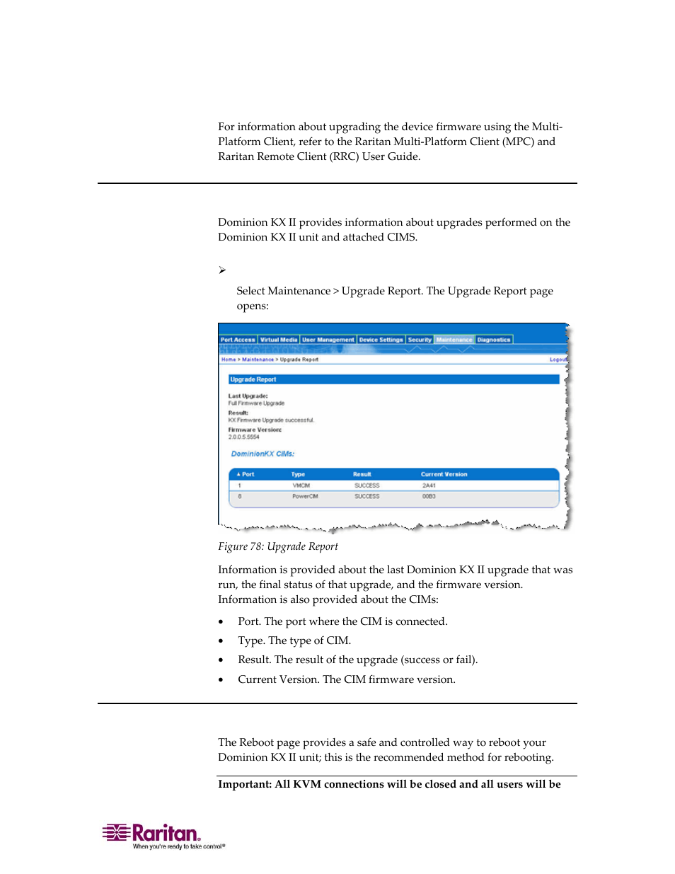 Upgrade report, Reboot, 165 reboot | Raritan Computer DOMINION KX II DKX2-0E-E User Manual | Page 179 / 257