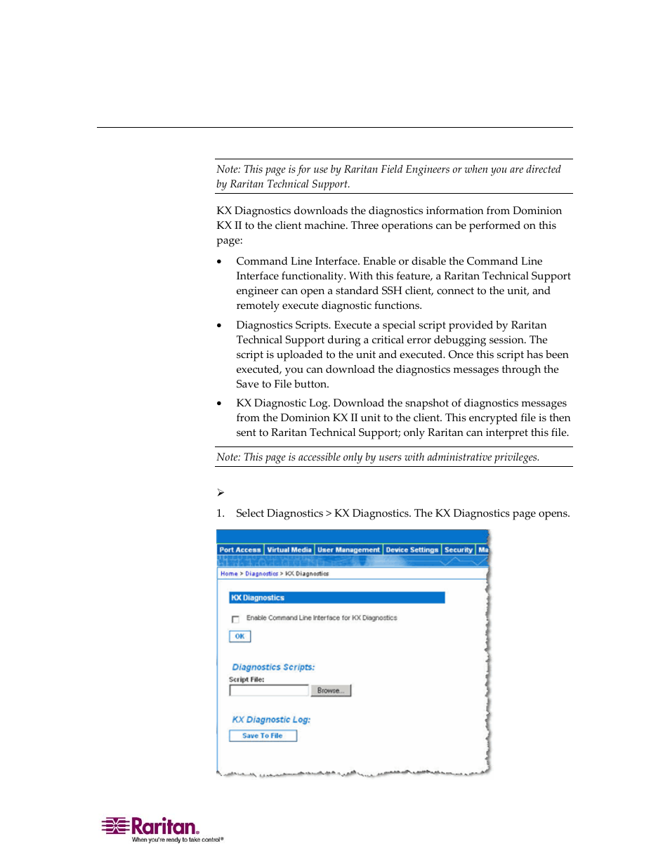 Kx diagnostics | Raritan Computer DOMINION KX II DKX2-0E-E User Manual | Page 187 / 257