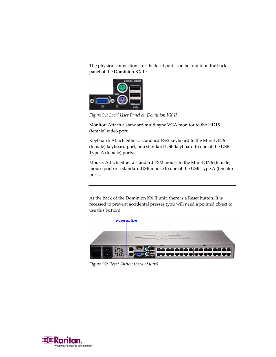 Physical connections, Reset button | Raritan Computer DOMINION KX II DKX2-0E-E User Manual | Page 191 / 257