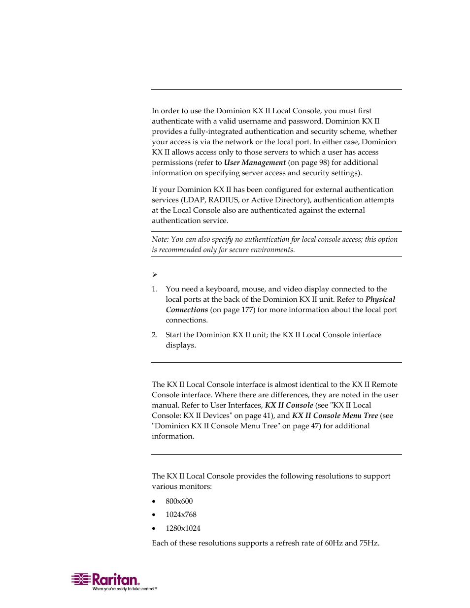 Security and authentication, Kx ii local console interface, Available resolutions | Raritan Computer DOMINION KX II DKX2-0E-E User Manual | Page 193 / 257