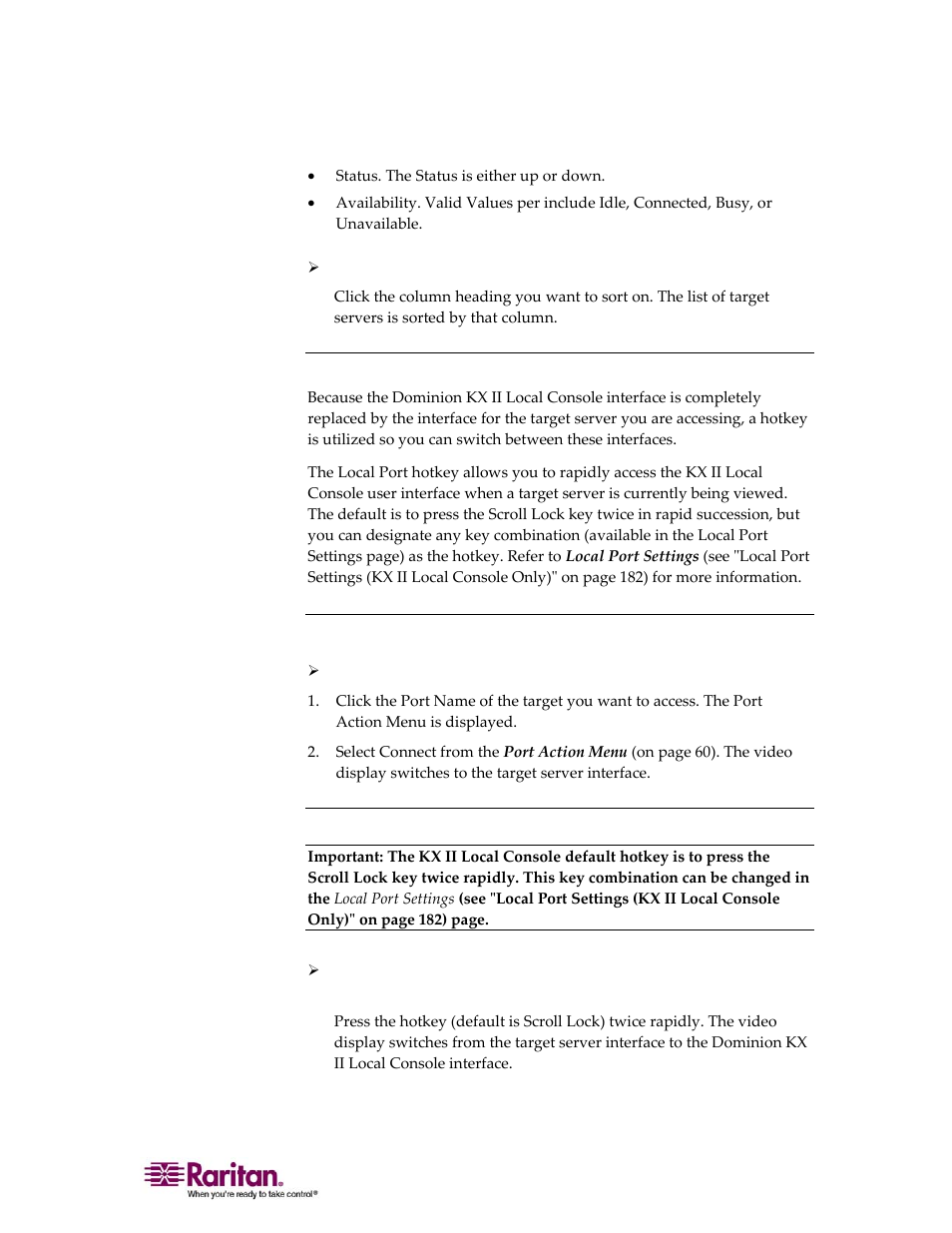 Hotkeys, Accessing a target server, Returning to the kx ii local console interface | Hotkeys" o | Raritan Computer DOMINION KX II DKX2-0E-E User Manual | Page 195 / 257