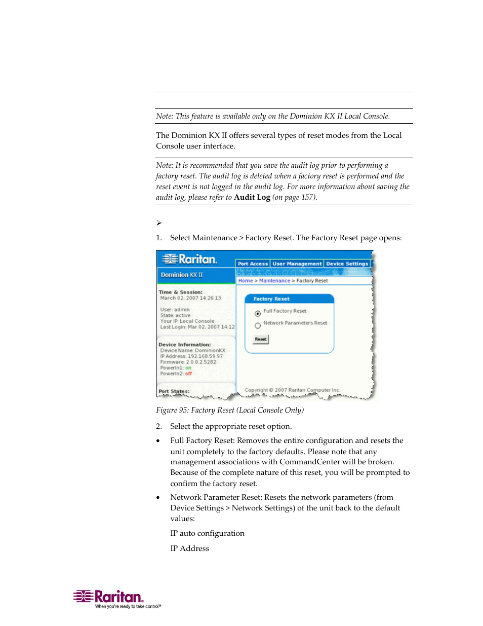 Factory reset (kx ii local console only), Factory reset (kx ii local console only)" on | Raritan Computer DOMINION KX II DKX2-0E-E User Manual | Page 199 / 257
