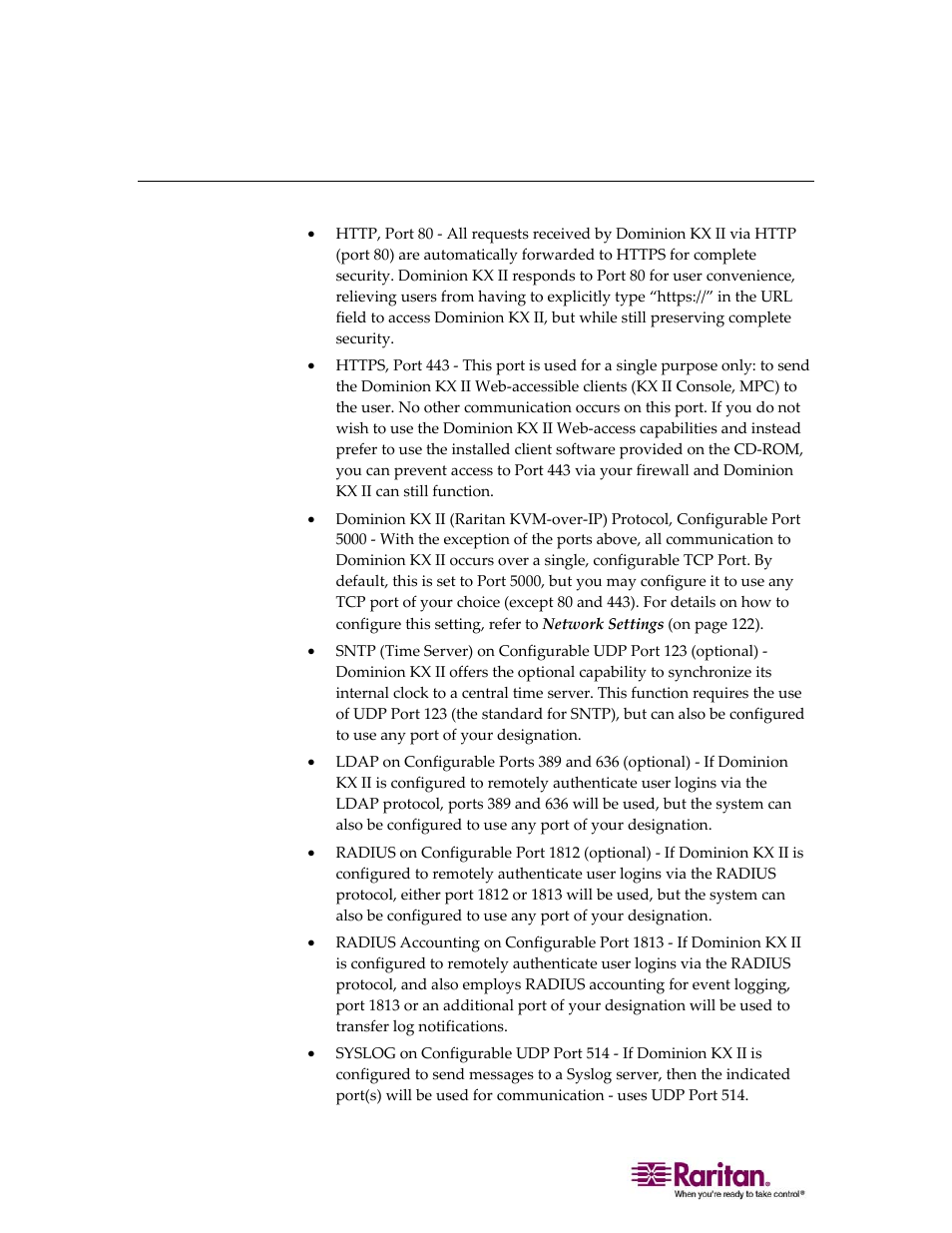 Tcp and udp ports used | Raritan Computer DOMINION KX II DKX2-0E-E User Manual | Page 208 / 257