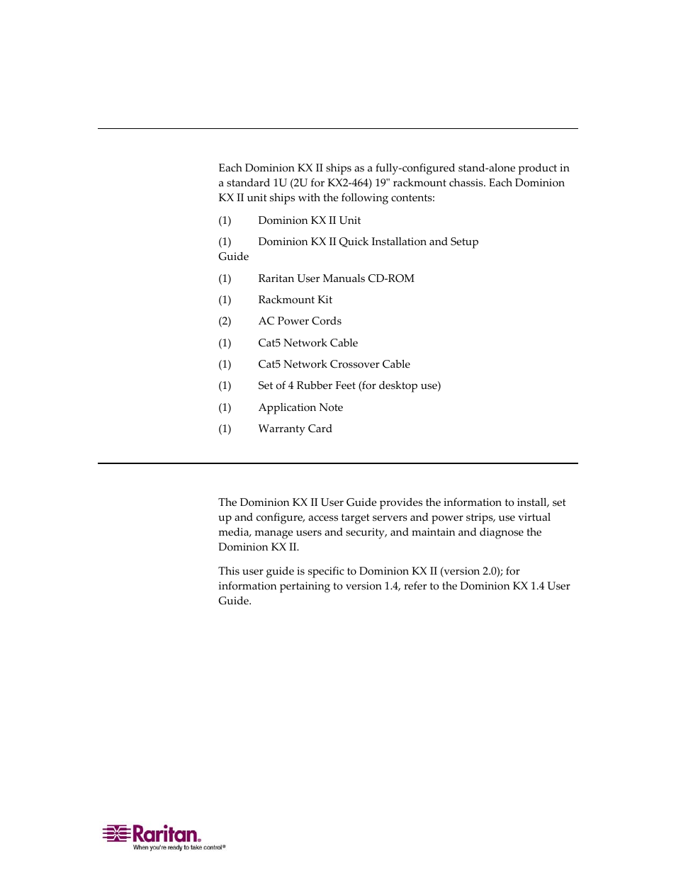 Package contents, User guide, 7 user guide | Raritan Computer DOMINION KX II DKX2-0E-E User Manual | Page 21 / 257