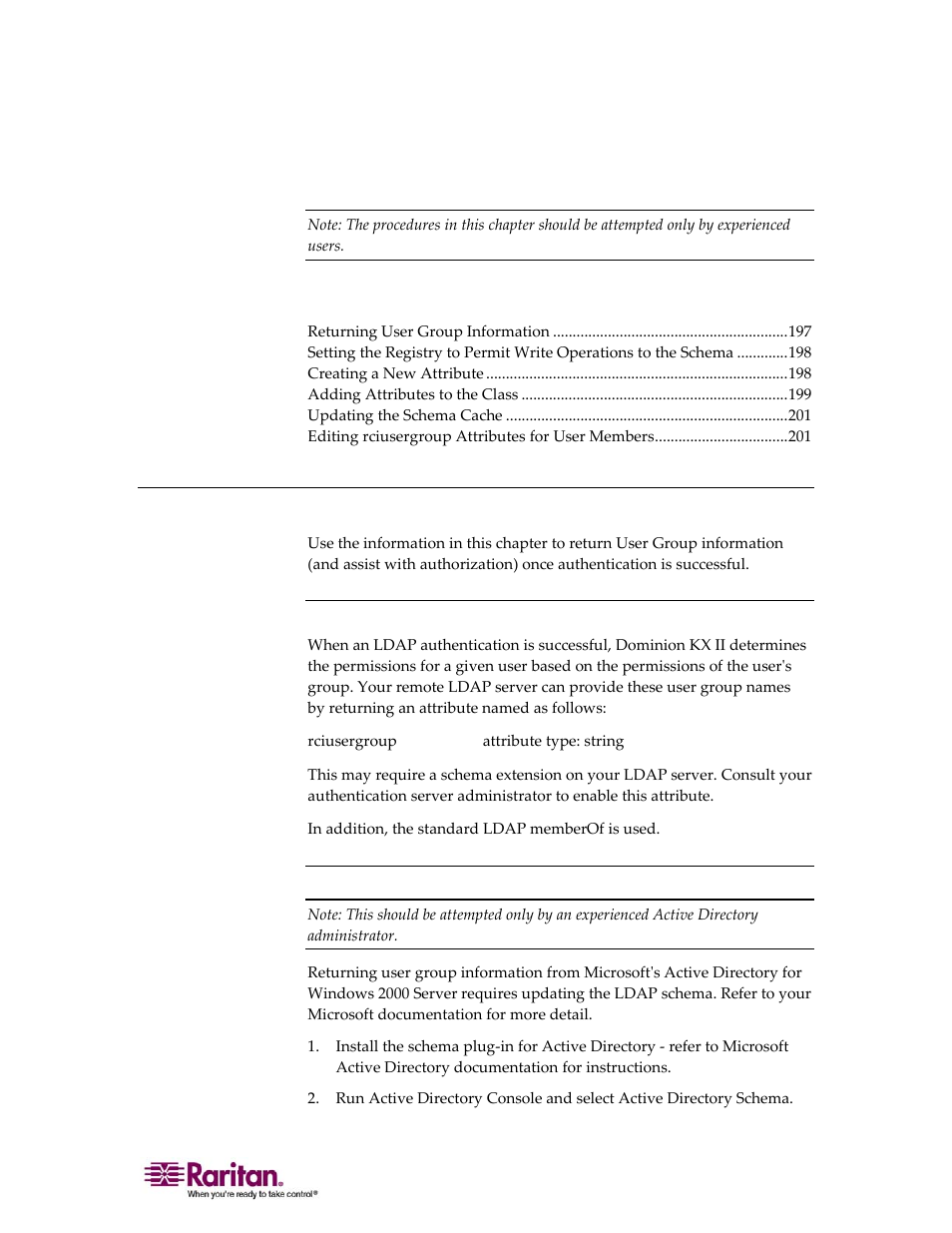 Updating the ldap schema, Returning user group information, From ldap | From microsoft active directory, Appendix b updating the ldap schema | Raritan Computer DOMINION KX II DKX2-0E-E User Manual | Page 211 / 257