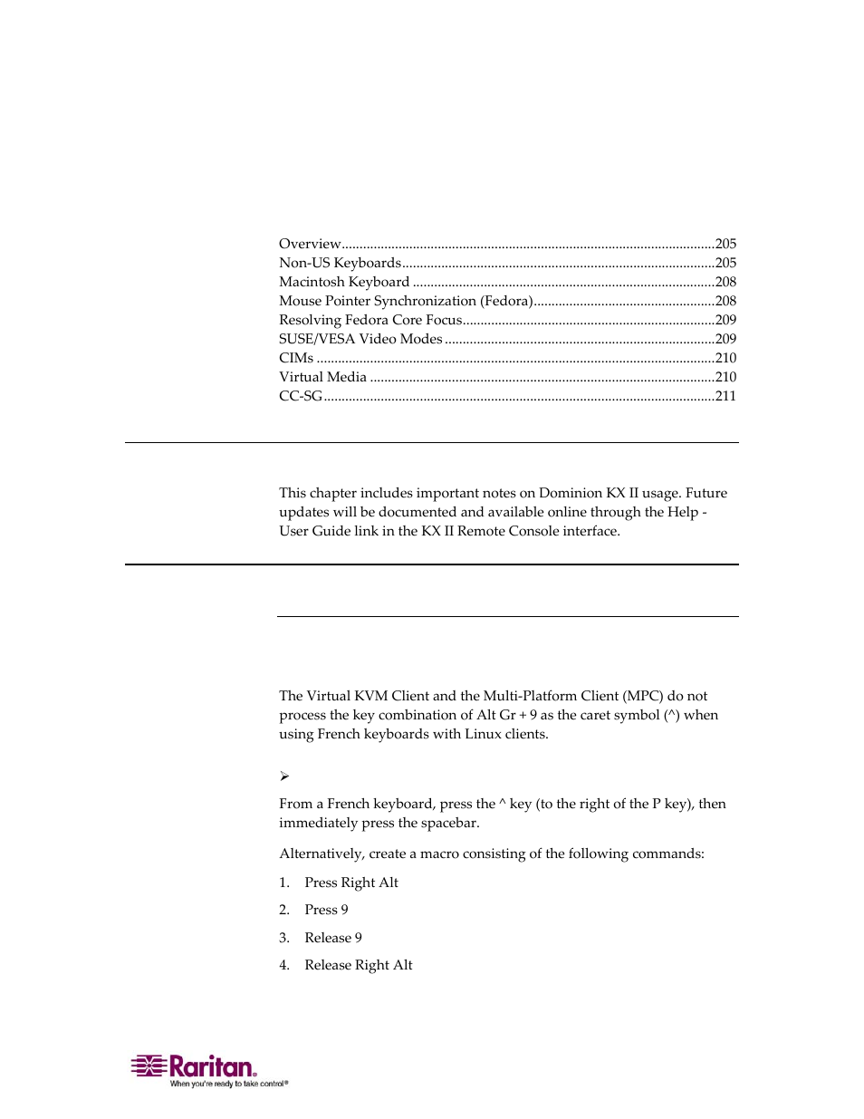 Informational notes, Overview, Non-us keyboards | French keyboard, Caret symbol (linux clients only) | Raritan Computer DOMINION KX II DKX2-0E-E User Manual | Page 219 / 257