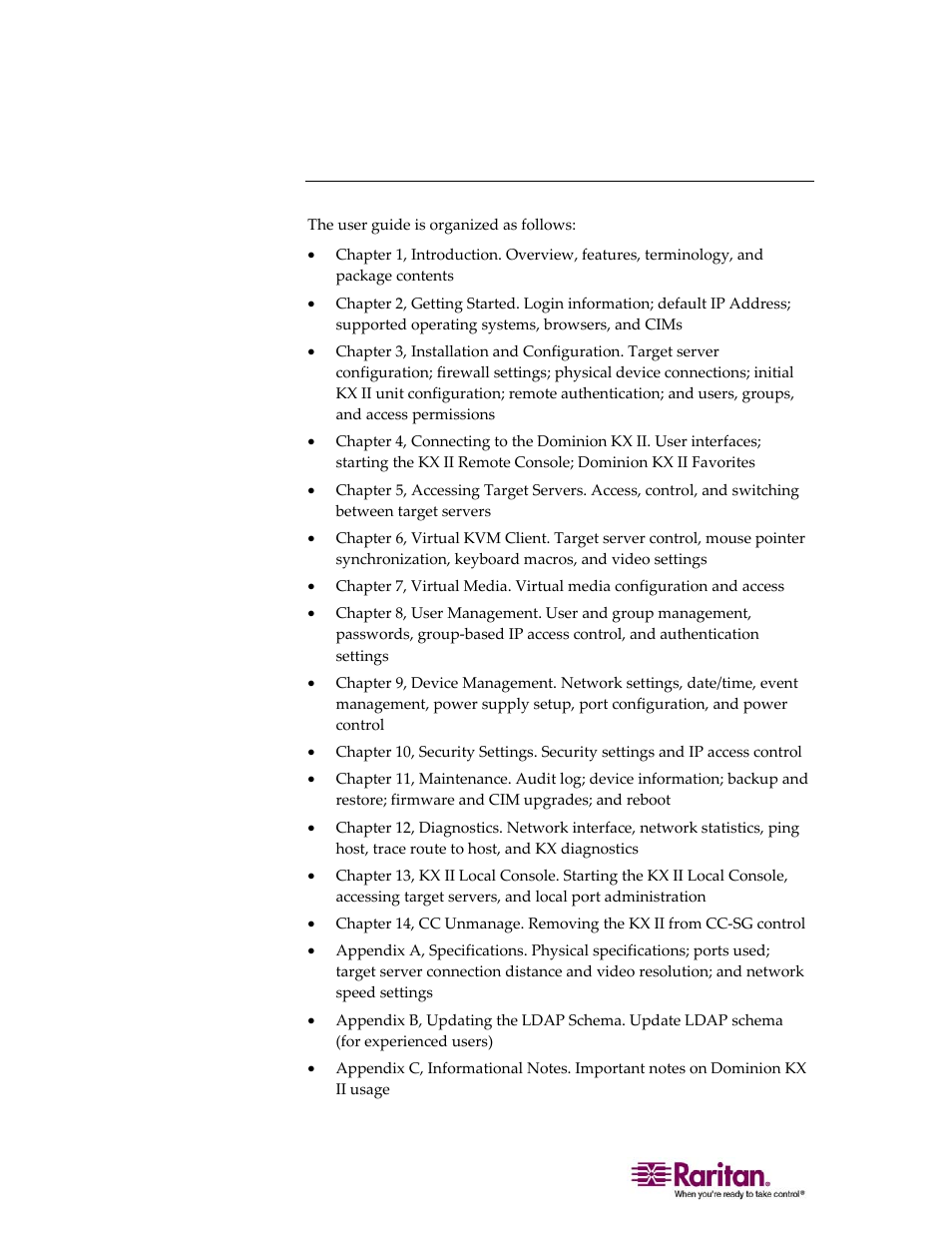 Organization of information | Raritan Computer DOMINION KX II DKX2-0E-E User Manual | Page 22 / 257