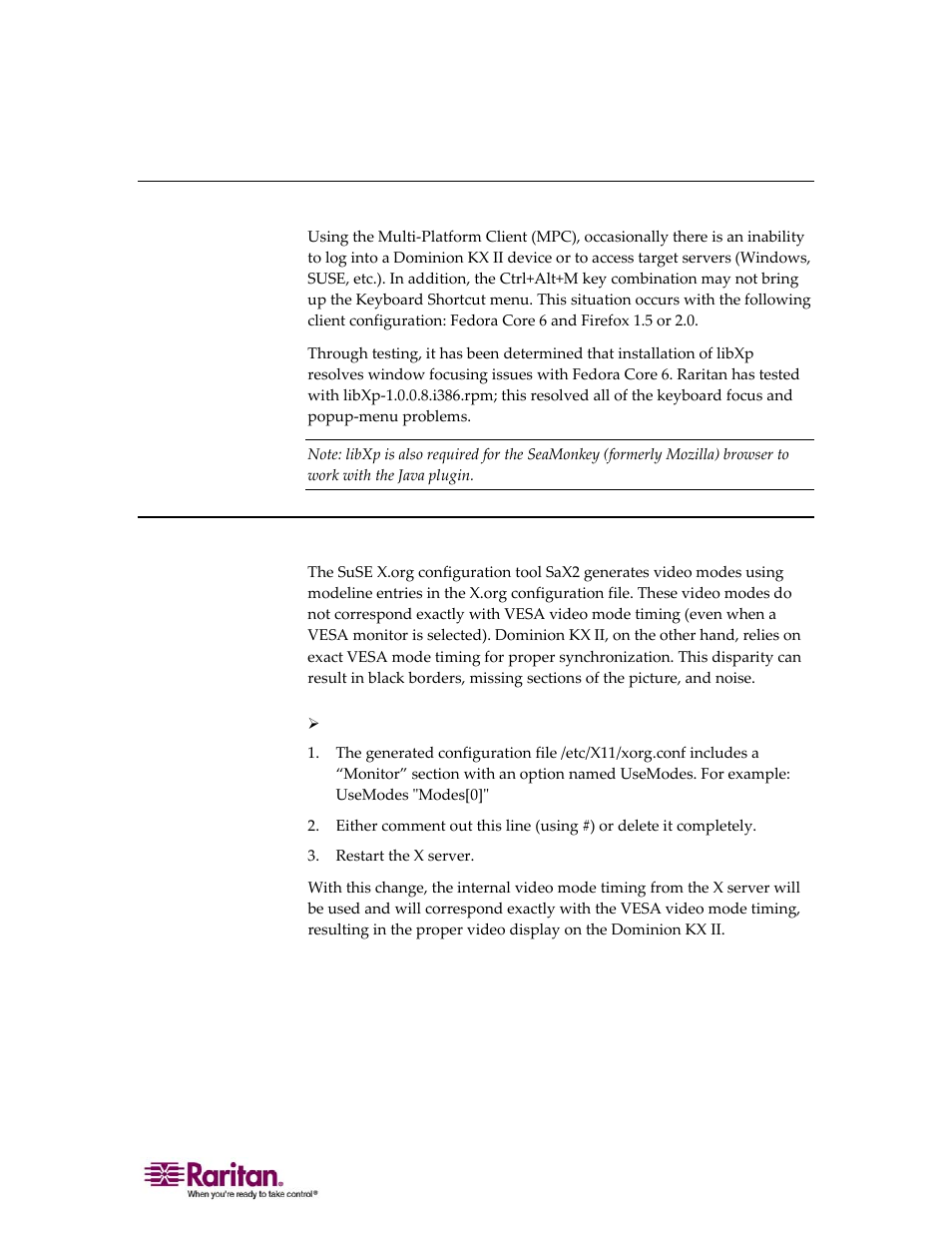 Resolving fedora core focus, Suse/vesa video modes, Resolving fedora core focus suse/vesa video modes | Raritan Computer DOMINION KX II DKX2-0E-E User Manual | Page 223 / 257