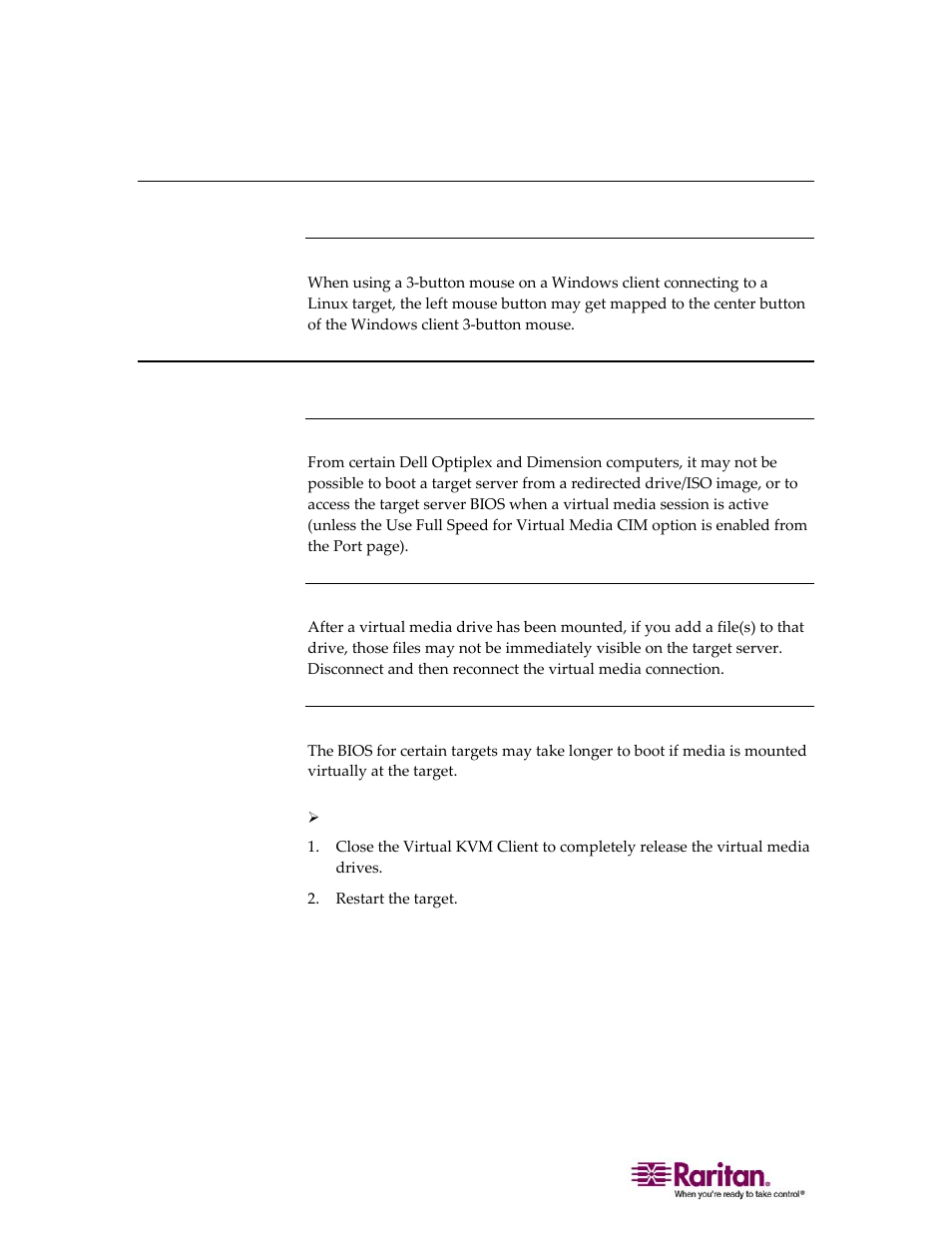 Cims, Windows 3-button mouse on linux targets, Virtual media | Dell optiplex and dimension computers, Virtual media not refreshed after files added, Target bios boot time with virtual media, 210 virtual media | Raritan Computer DOMINION KX II DKX2-0E-E User Manual | Page 224 / 257