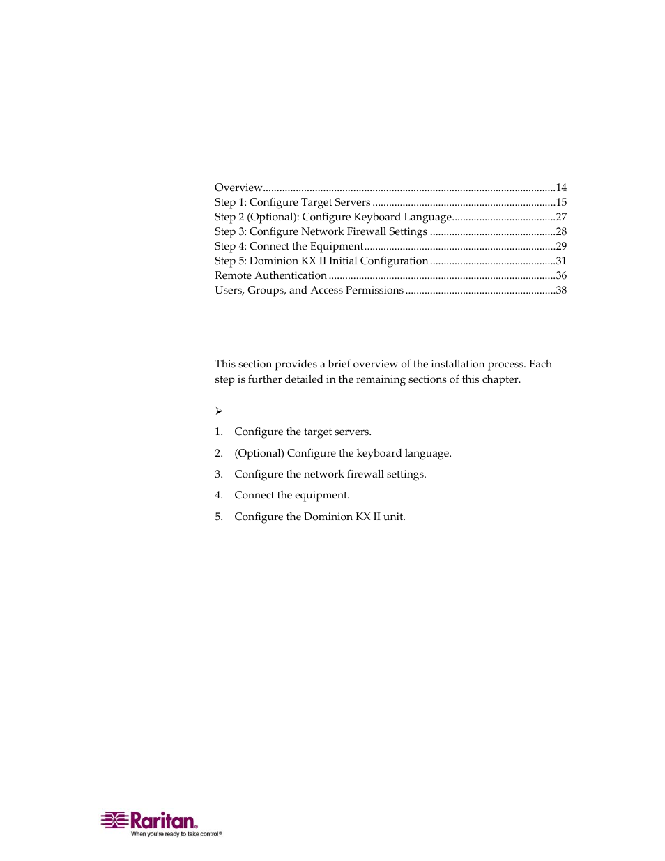 Installation and configuration, Overview, Chapter 3 installation and configuration | Raritan Computer DOMINION KX II DKX2-0E-E User Manual | Page 28 / 257