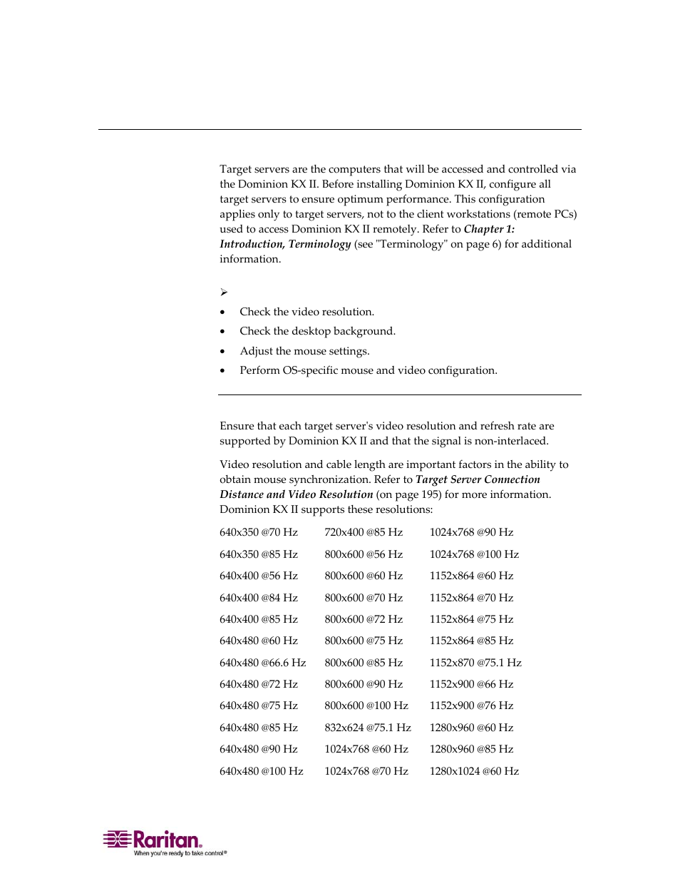 Step 1: configure target servers, Supported video resolutions | Raritan Computer DOMINION KX II DKX2-0E-E User Manual | Page 29 / 257