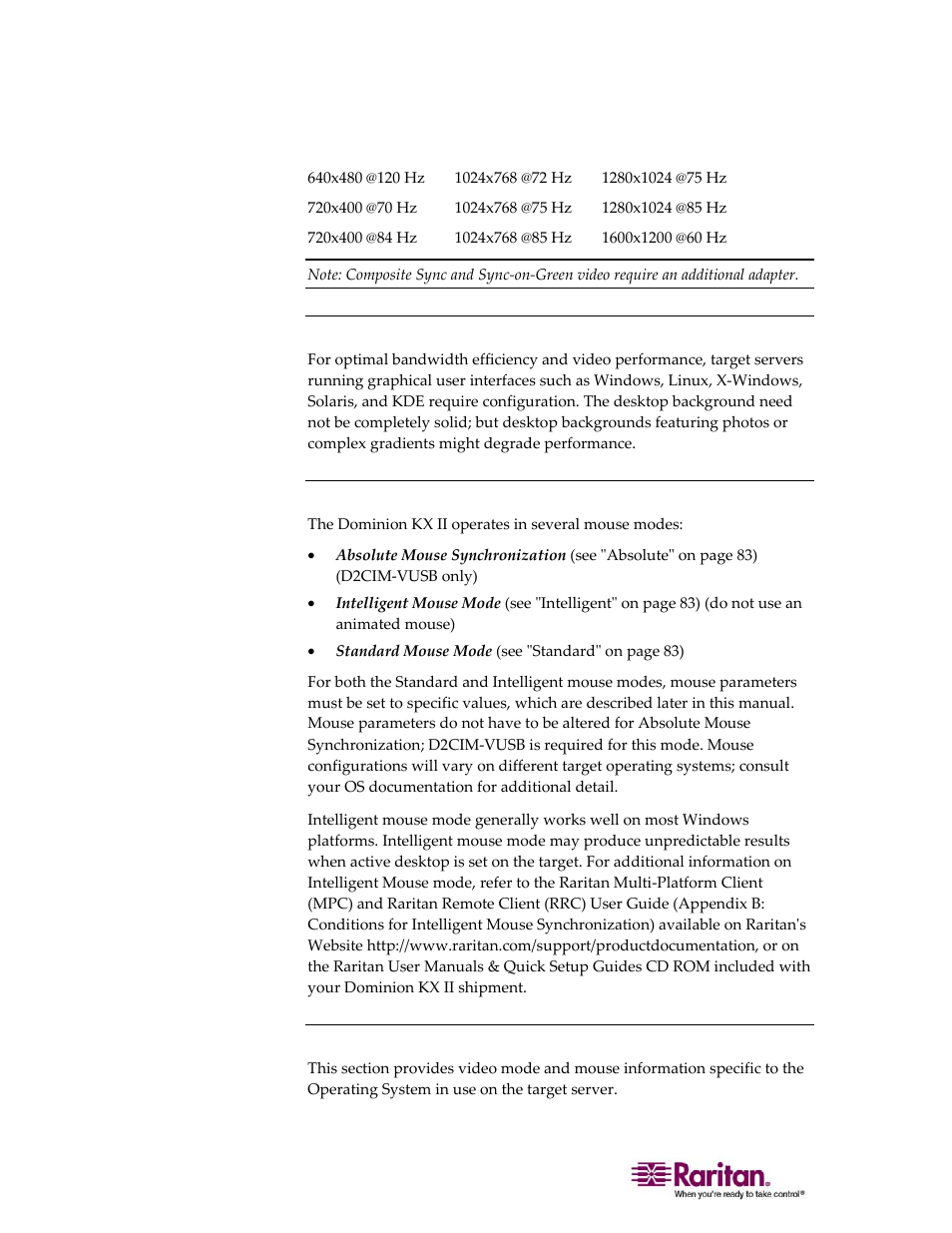 Desktop background, Mouse settings, Operating system mouse and video settings | Raritan Computer DOMINION KX II DKX2-0E-E User Manual | Page 30 / 257