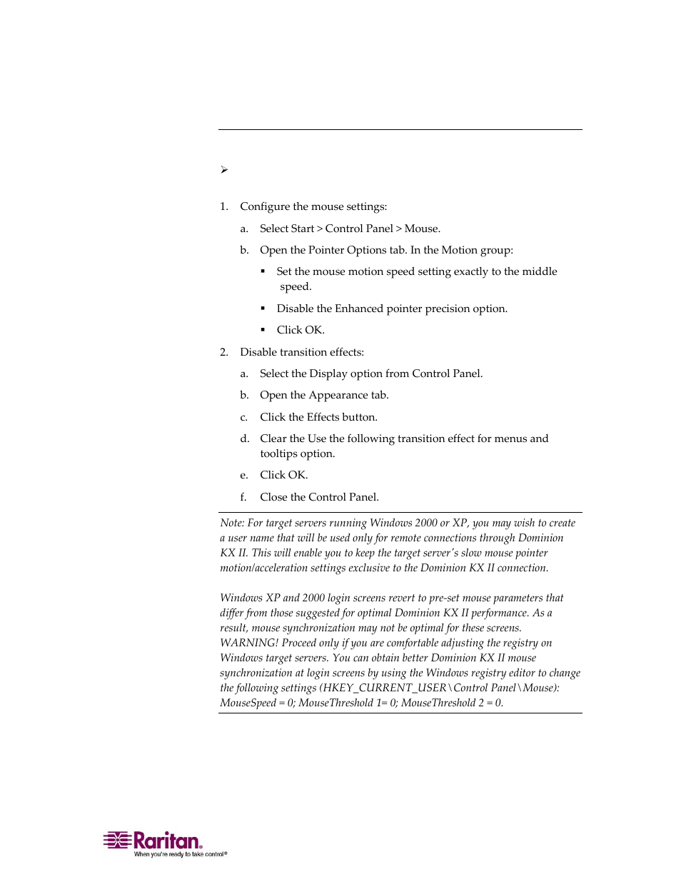 Windows xp / windows 2003 settings | Raritan Computer DOMINION KX II DKX2-0E-E User Manual | Page 31 / 257