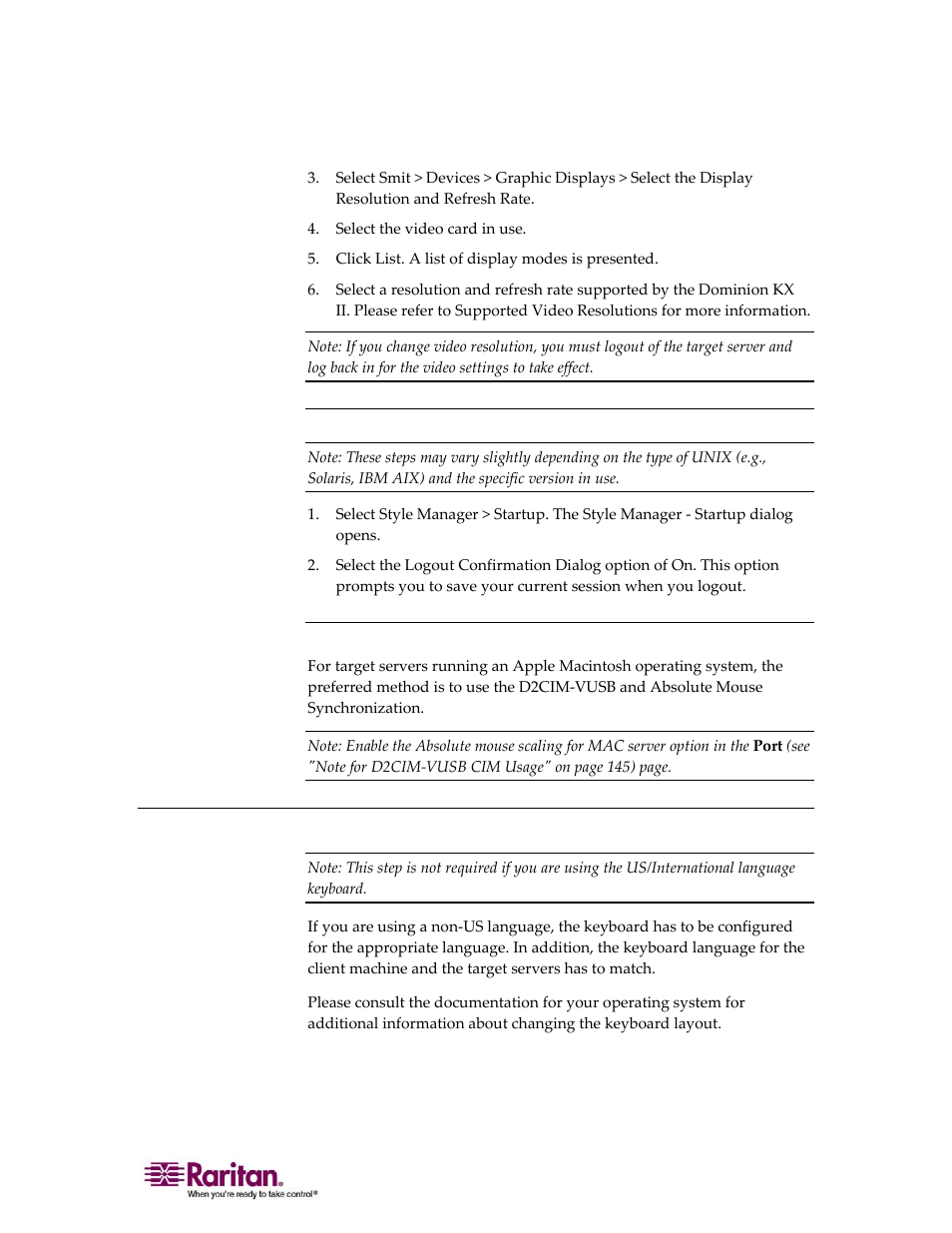 Make unix settings permanent, Apple macintosh settings, Step 2 (optional): configure keyboard language | Raritan Computer DOMINION KX II DKX2-0E-E User Manual | Page 41 / 257