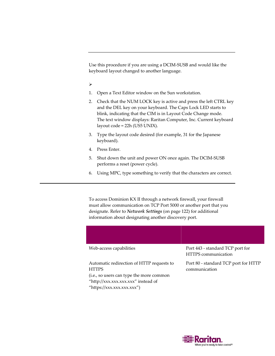 Change the keyboard layout code (sun targets), Step 3: configure network firewall settings | Raritan Computer DOMINION KX II DKX2-0E-E User Manual | Page 42 / 257