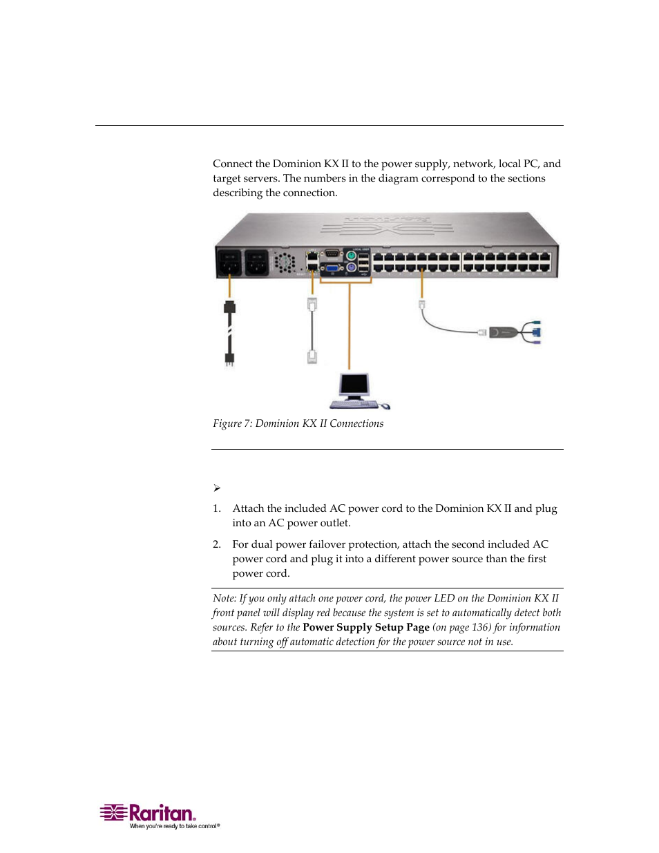 Step 4: connect the equipment, Ac power | Raritan Computer DOMINION KX II DKX2-0E-E User Manual | Page 43 / 257