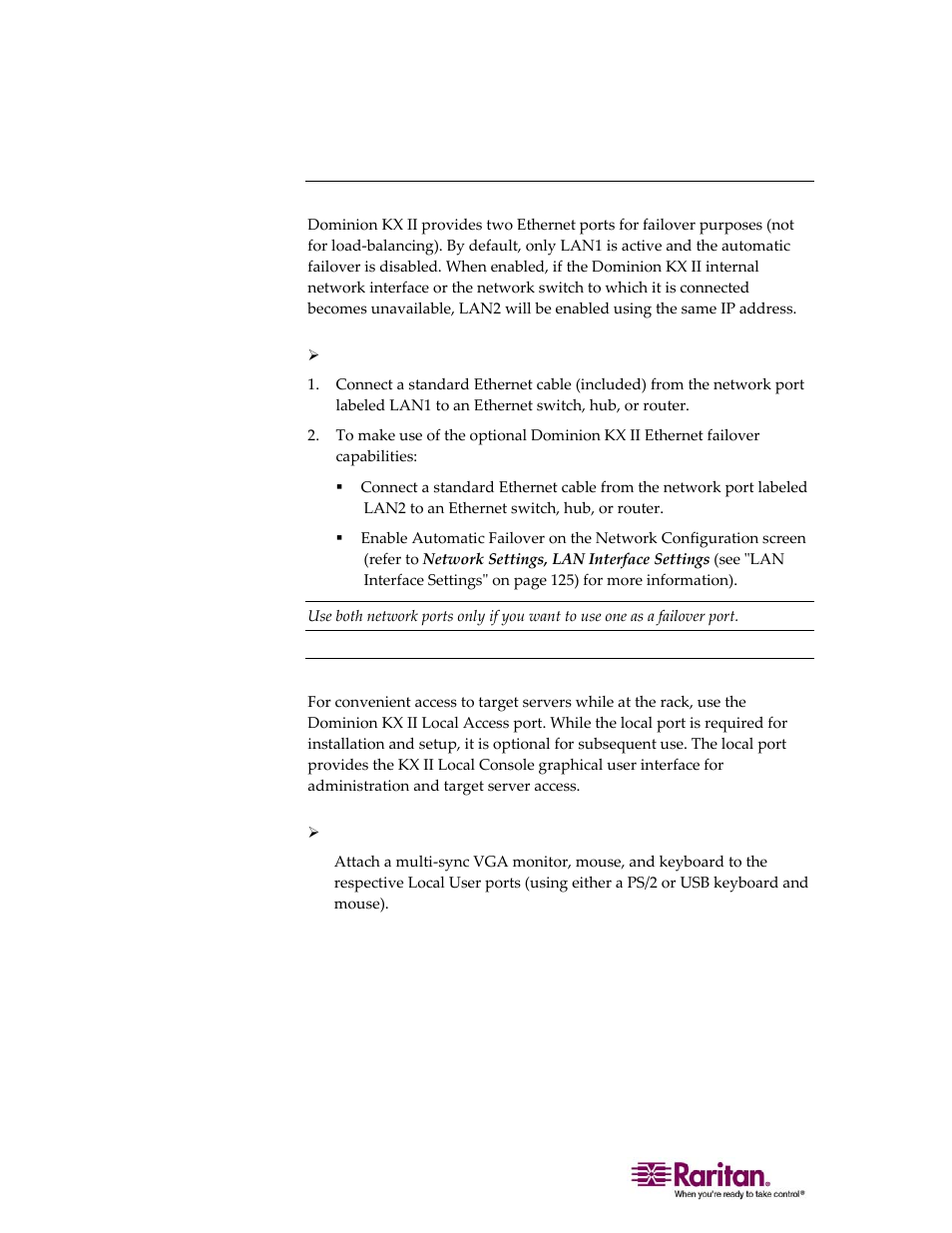 Network ports, Local access port (local pc) | Raritan Computer DOMINION KX II DKX2-0E-E User Manual | Page 44 / 257