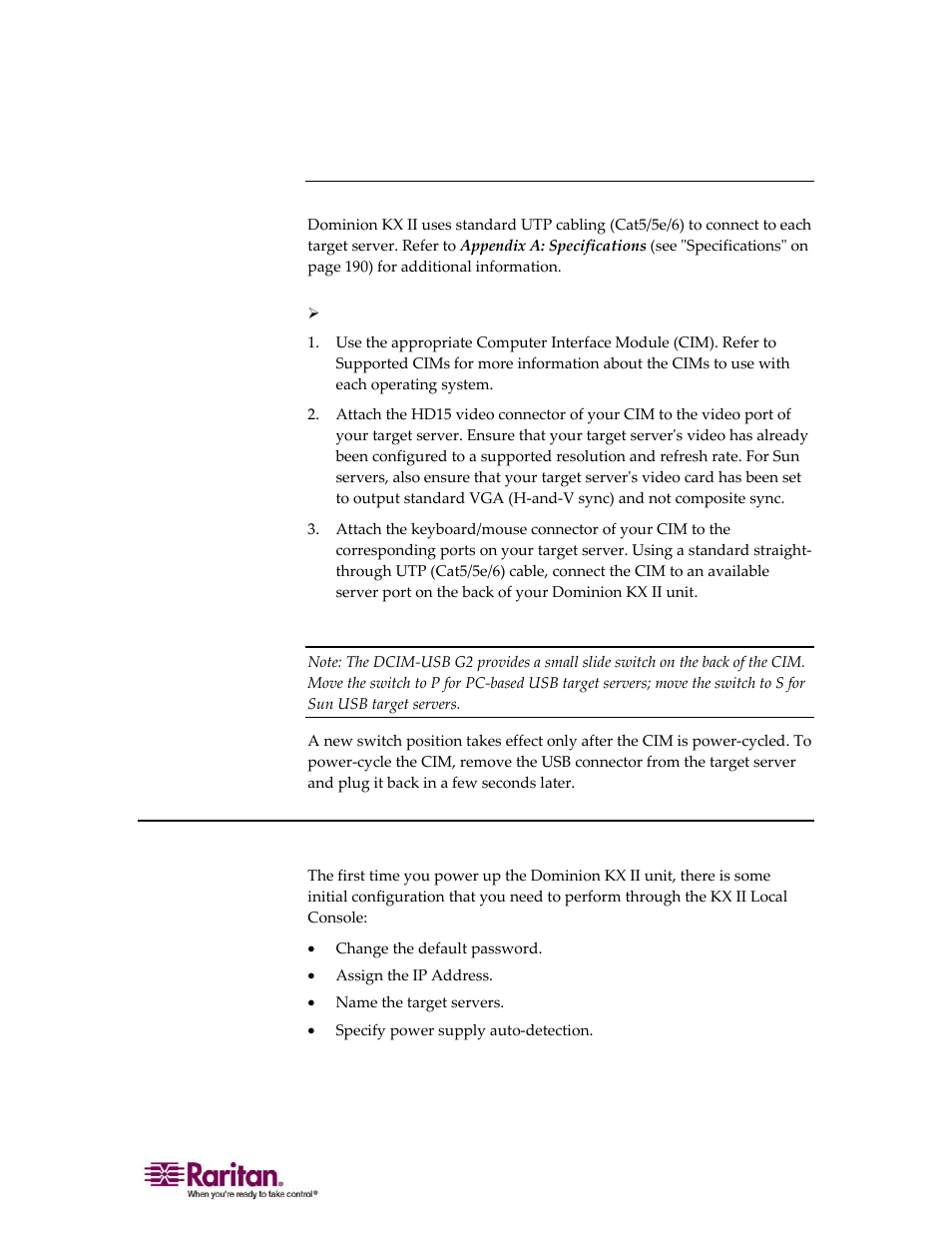 Target server ports, Step 5: dominion kx ii initial configuration | Raritan Computer DOMINION KX II DKX2-0E-E User Manual | Page 45 / 257