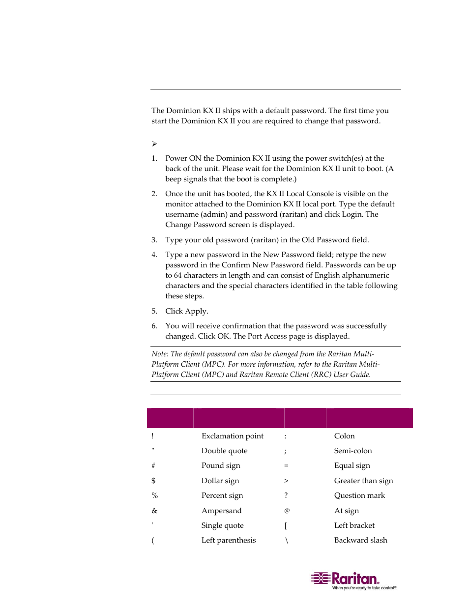 Changing the default password, Valid special characters | Raritan Computer DOMINION KX II DKX2-0E-E User Manual | Page 46 / 257