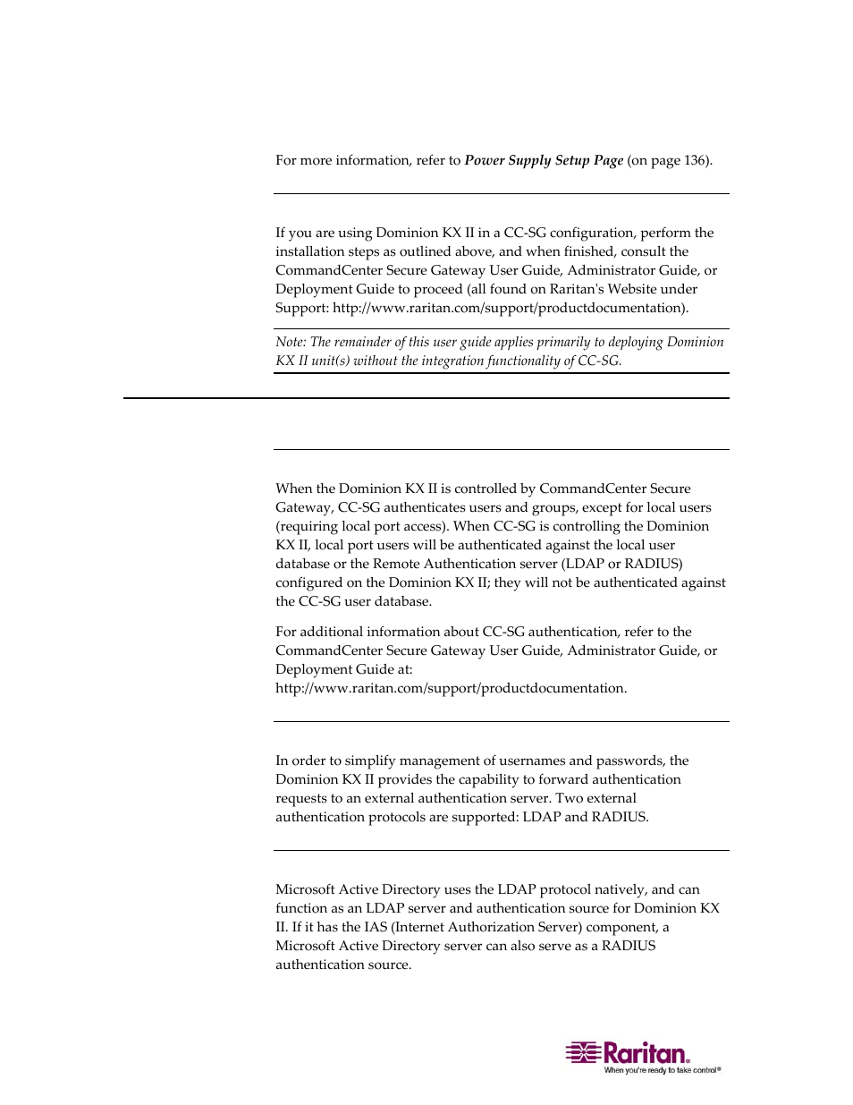 Note to cc-sg users, Remote authentication, Supported protocols | Note on microsoft active directory | Raritan Computer DOMINION KX II DKX2-0E-E User Manual | Page 50 / 257