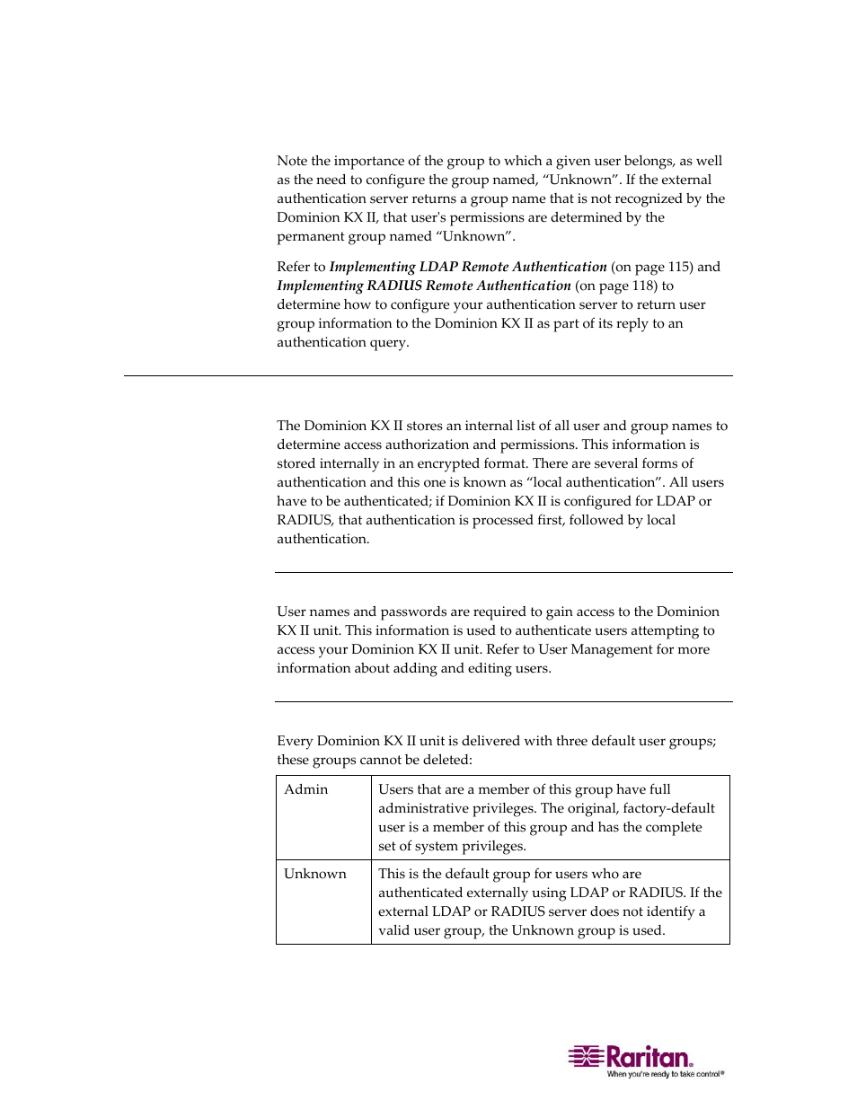 Users, groups, and access permissions, Users, Groups | Raritan Computer DOMINION KX II DKX2-0E-E User Manual | Page 52 / 257