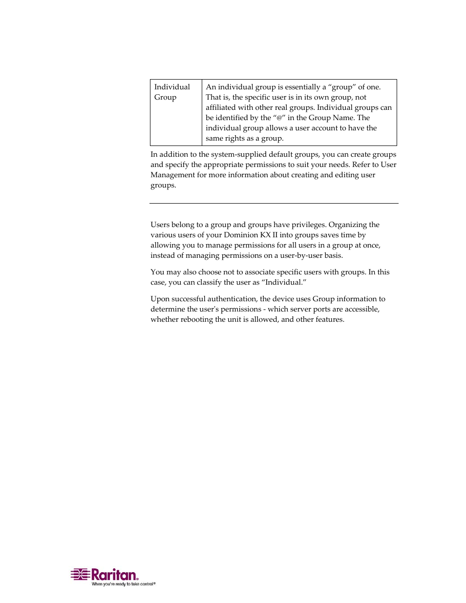 Relationship between users and groups | Raritan Computer DOMINION KX II DKX2-0E-E User Manual | Page 53 / 257