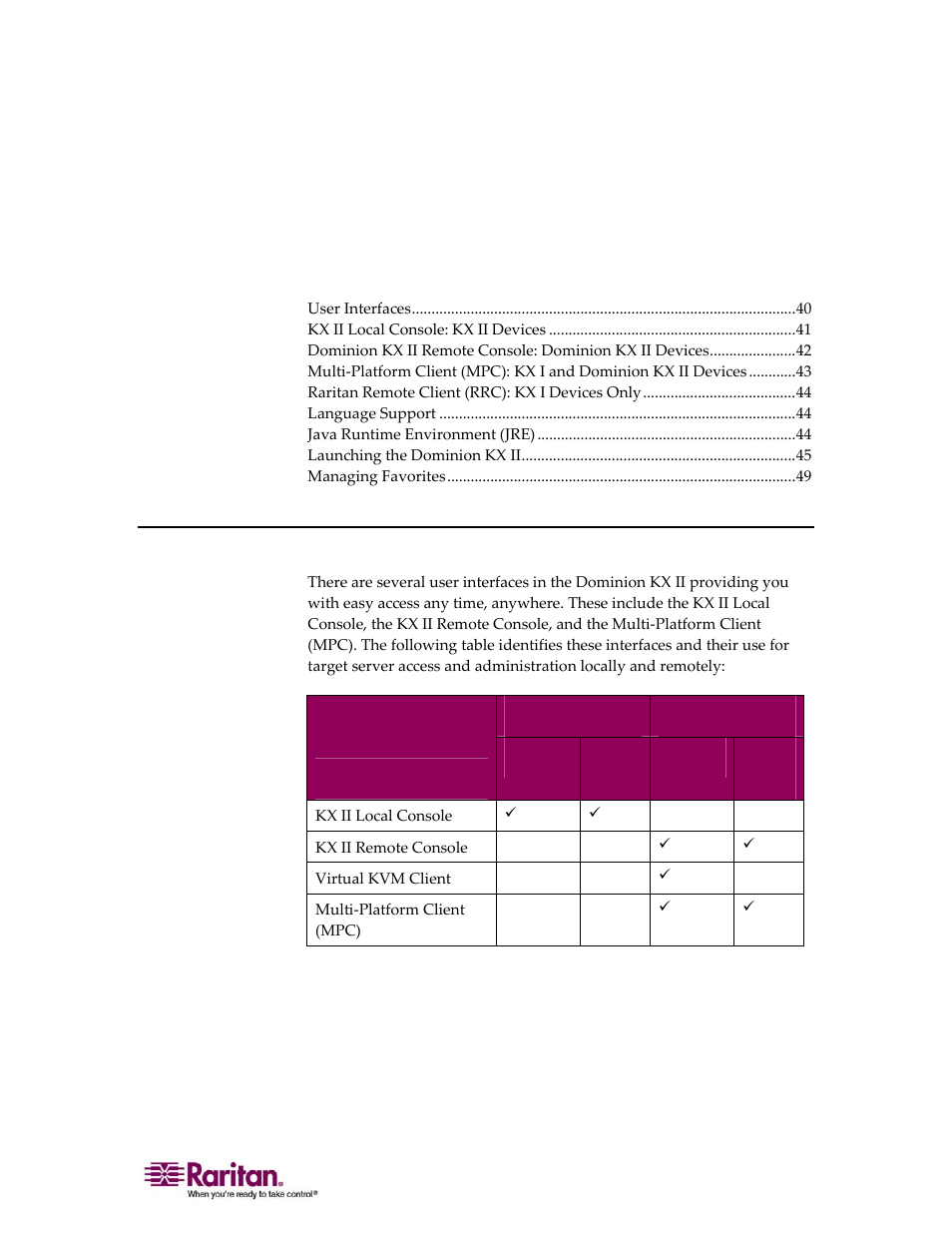 Connecting to the dominion kx ii, User interfaces, Chapter 4 connecting to the dominion kx ii | Raritan Computer DOMINION KX II DKX2-0E-E User Manual | Page 54 / 257